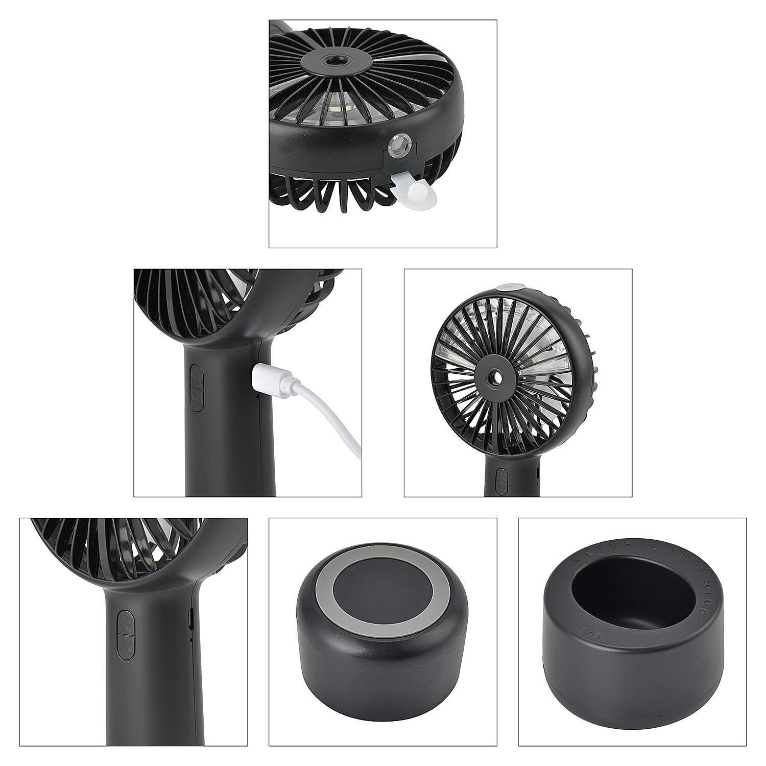 2 in 1 Mist Spray Fan with Detachable Base (Size 20x11x4 cm) - Black (LI-Battery 2000mAh,) USB Charged.
