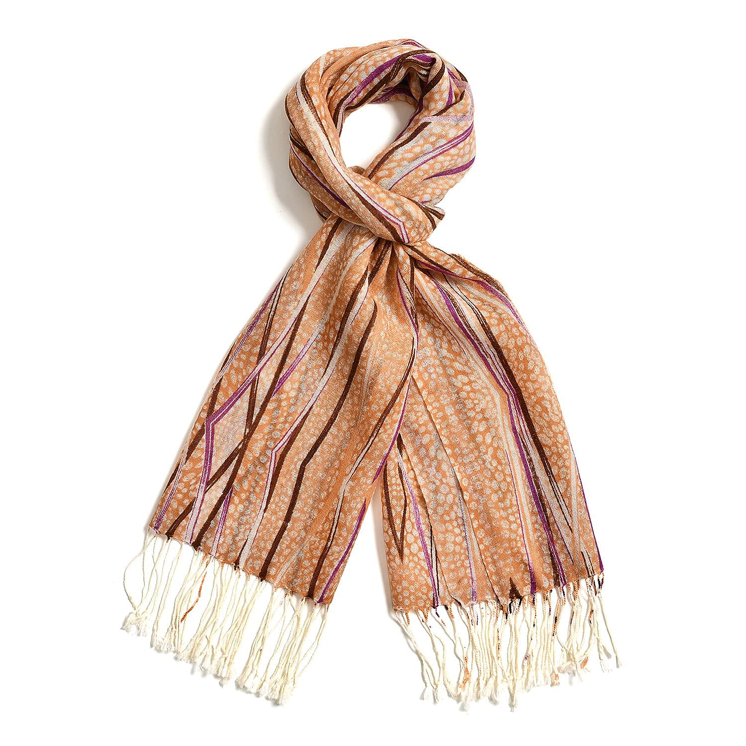 La Marey 100% Merino Wool Stripes Pattern Scarf (Size 175x65 cm) - Peach White & Multi