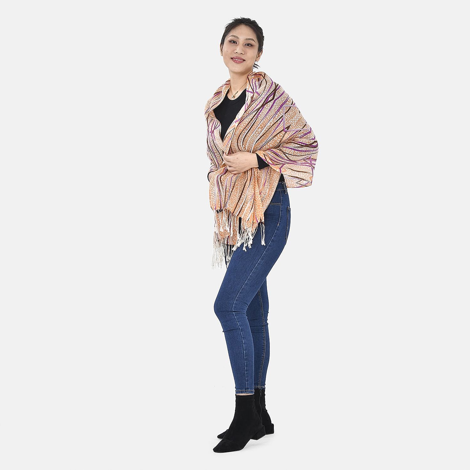 La Marey 100% Merino Wool Stripes Pattern Scarf (Size 175x65 cm) - Peach White & Multi