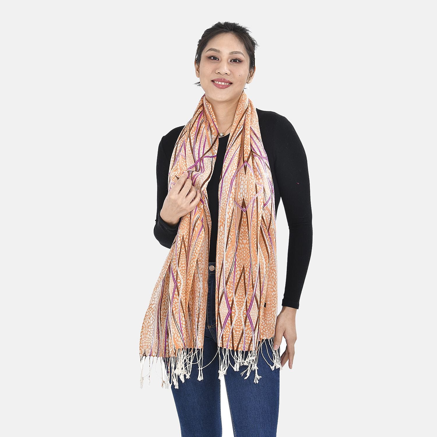 La Marey 100% Merino Wool Stripes Pattern Scarf (Size 175x65 cm) - Peach White & Multi