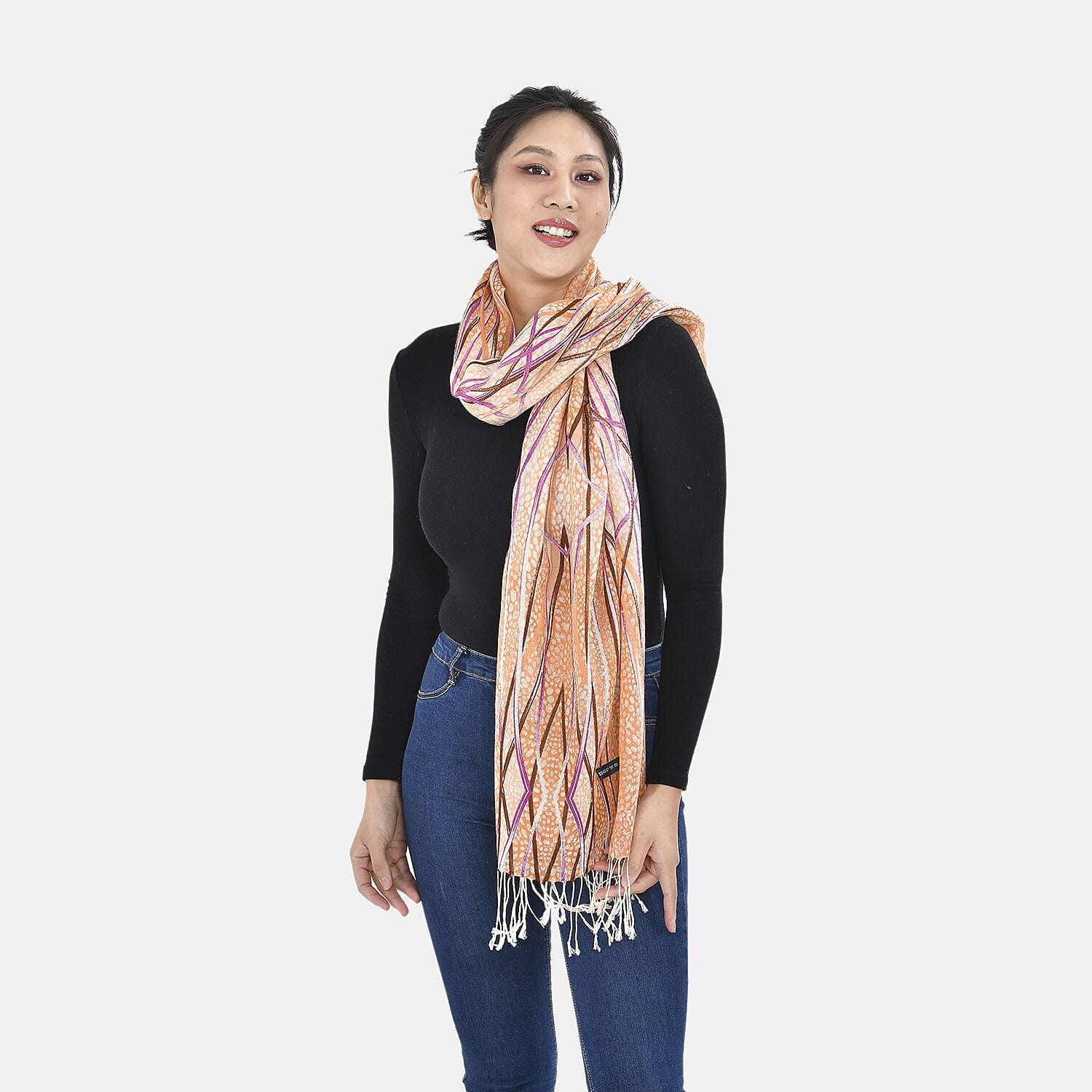La Marey 100% Merino Wool Stripes Pattern Scarf (Size 175x65 cm) - Peach White & Multi