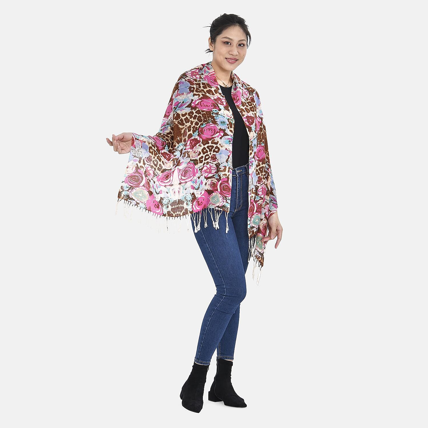 La Marey 100% Merino Wool Rose Flower Pattern Scarf (Size 175x65 cm) - Brown - Red