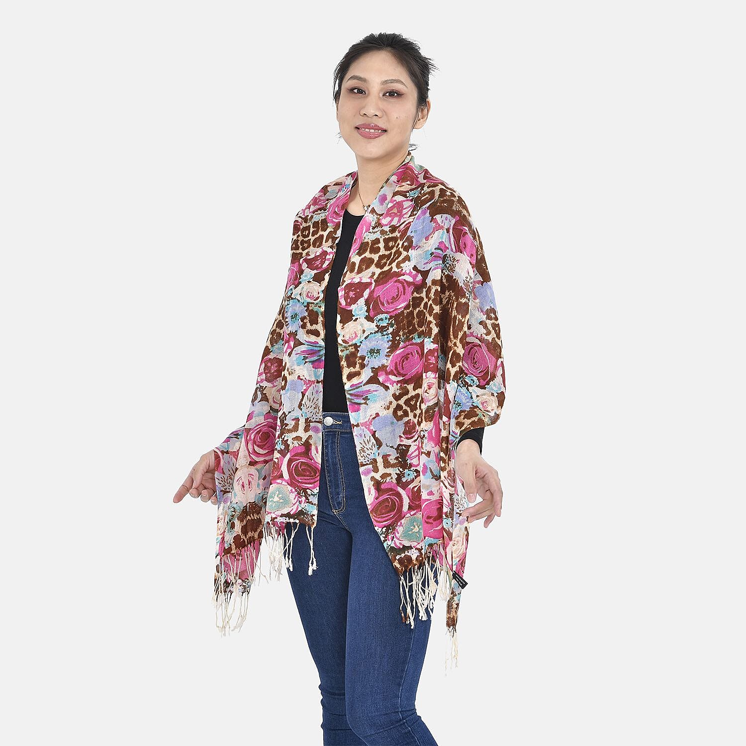 La Marey 100% Merino Wool Rose Flower Pattern Scarf (Size 175x65 cm) - Brown - Red