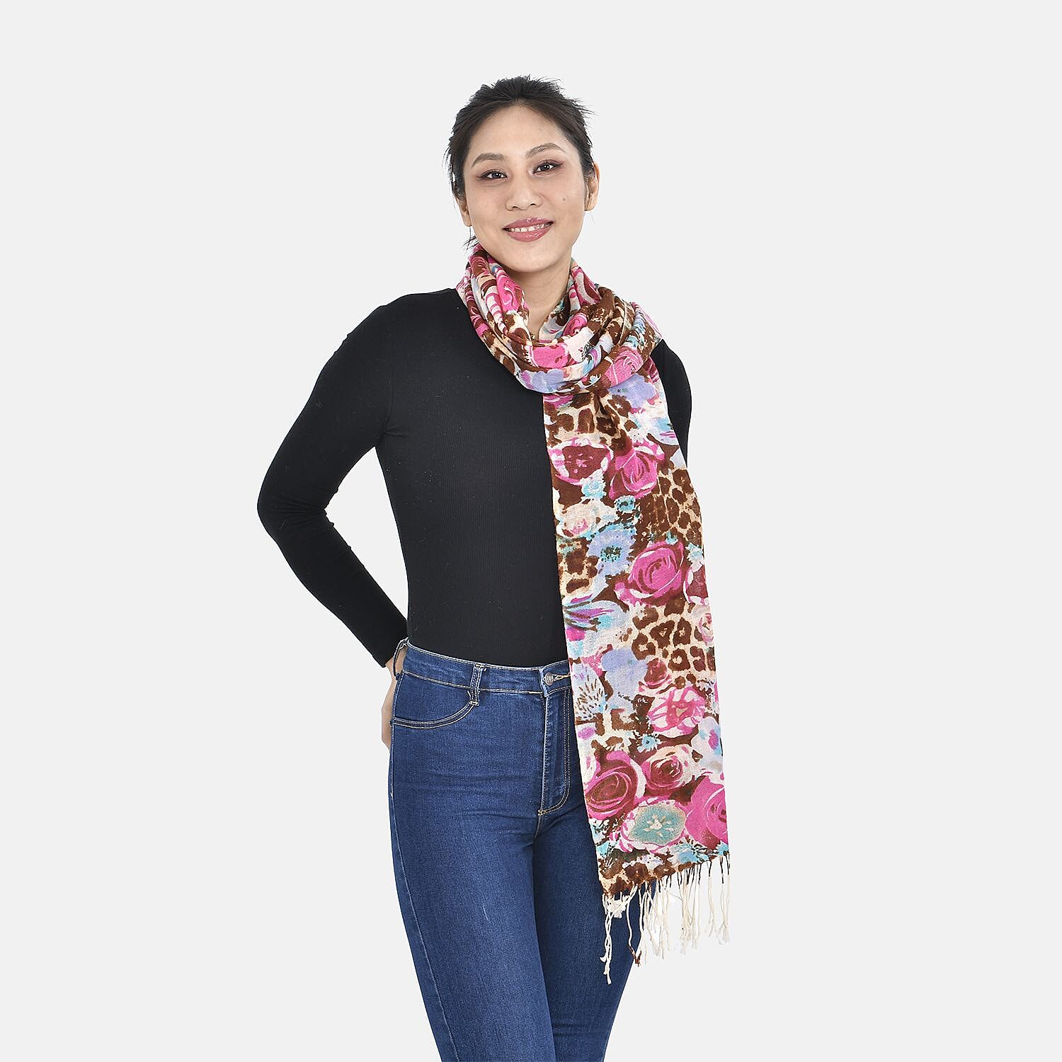 La Marey 100% Merino Wool Rose Flower Pattern Scarf (Size 175x65 cm) - Brown - Red