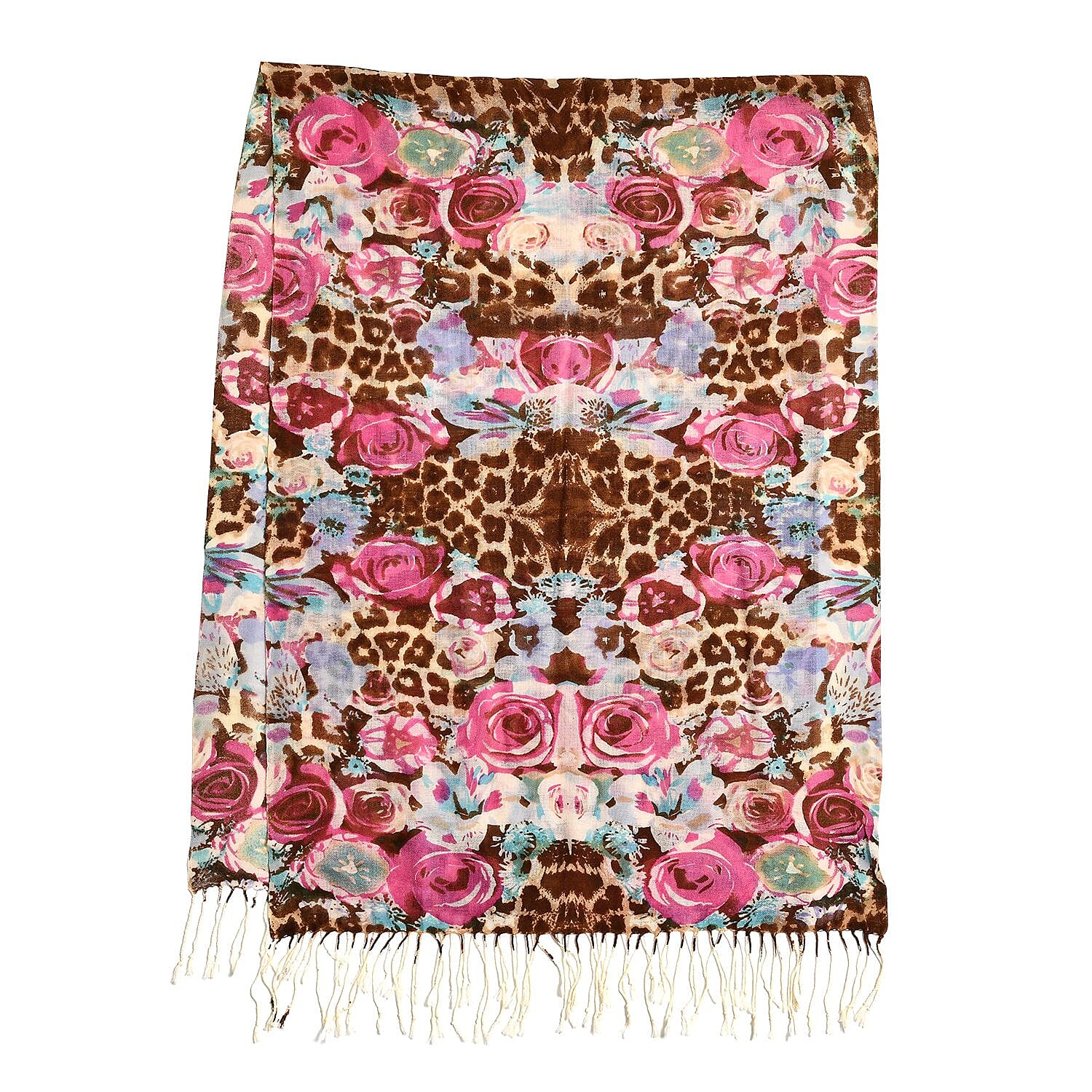 La Marey 100% Merino Wool Rose Flower Pattern Scarf (Size 175x65 cm) - Brown - Red