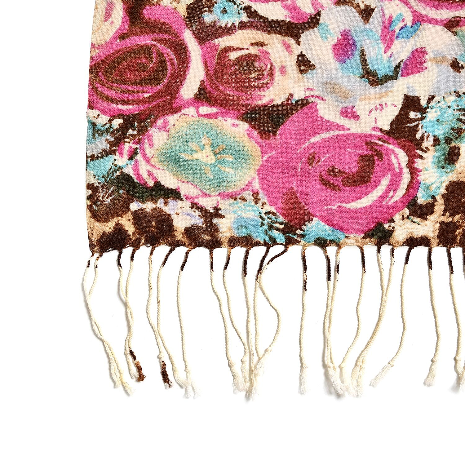 La Marey 100% Merino Wool Rose Flower Pattern Scarf (Size 175x65 cm) - Brown - Red