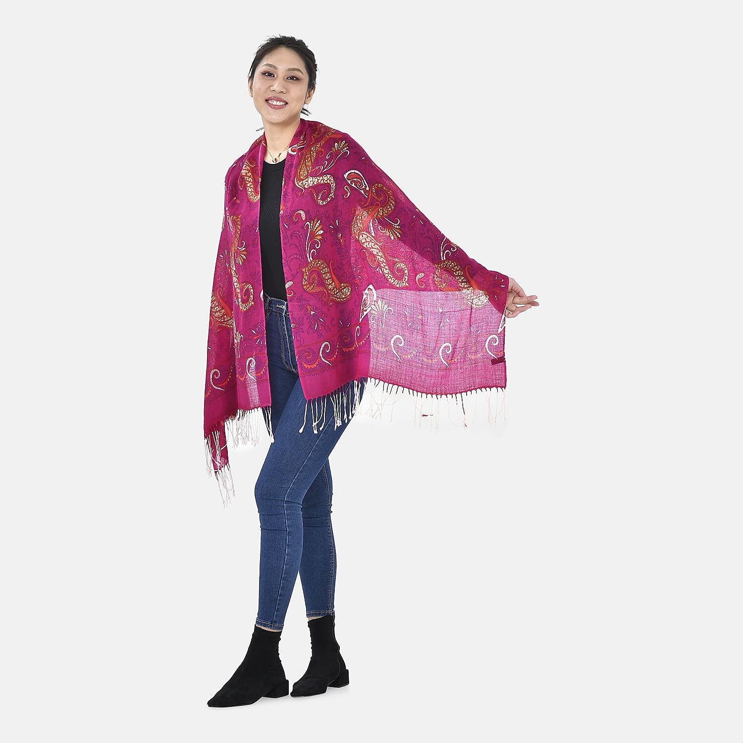 La Marey 100% Merino Wool Paisley Print Scarf (Size 175x65 cm) - Plum Red & Multi