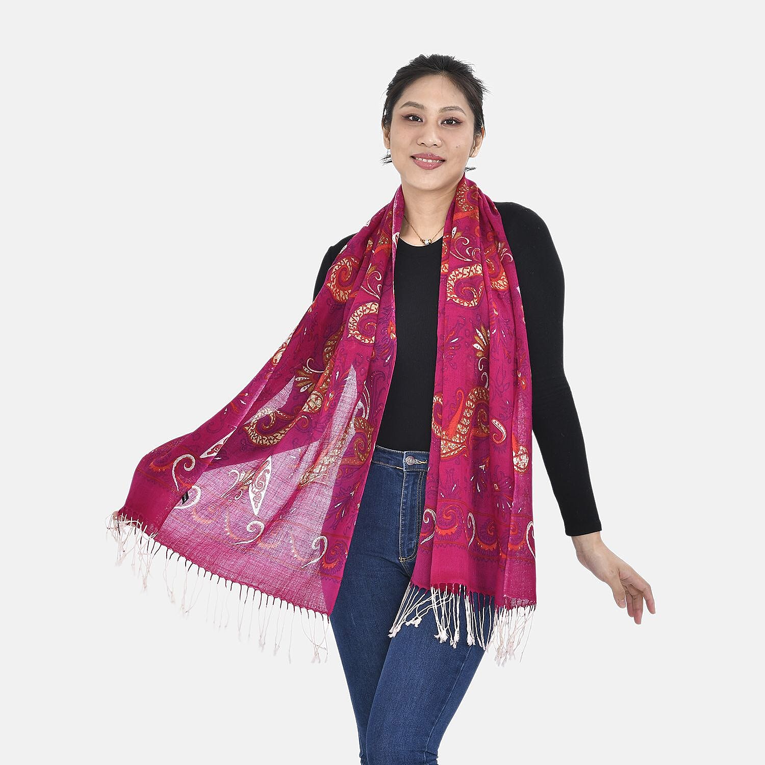 La Marey 100% Merino Wool Paisley Print Scarf (Size 175x65 cm) - Plum Red & Multi