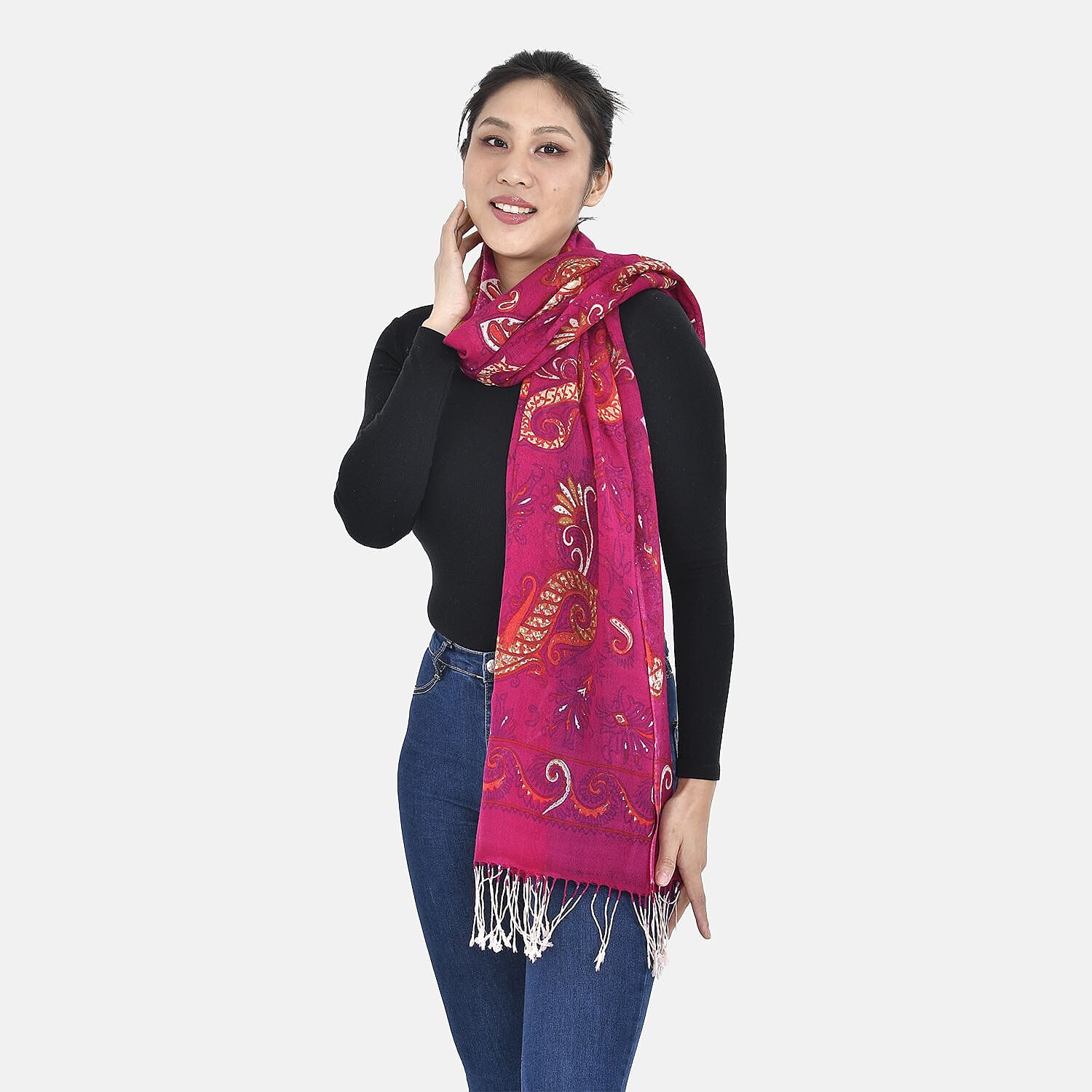 La Marey 100% Merino Wool Paisley Print Scarf (Size 175x65 cm) - Plum Red & Multi