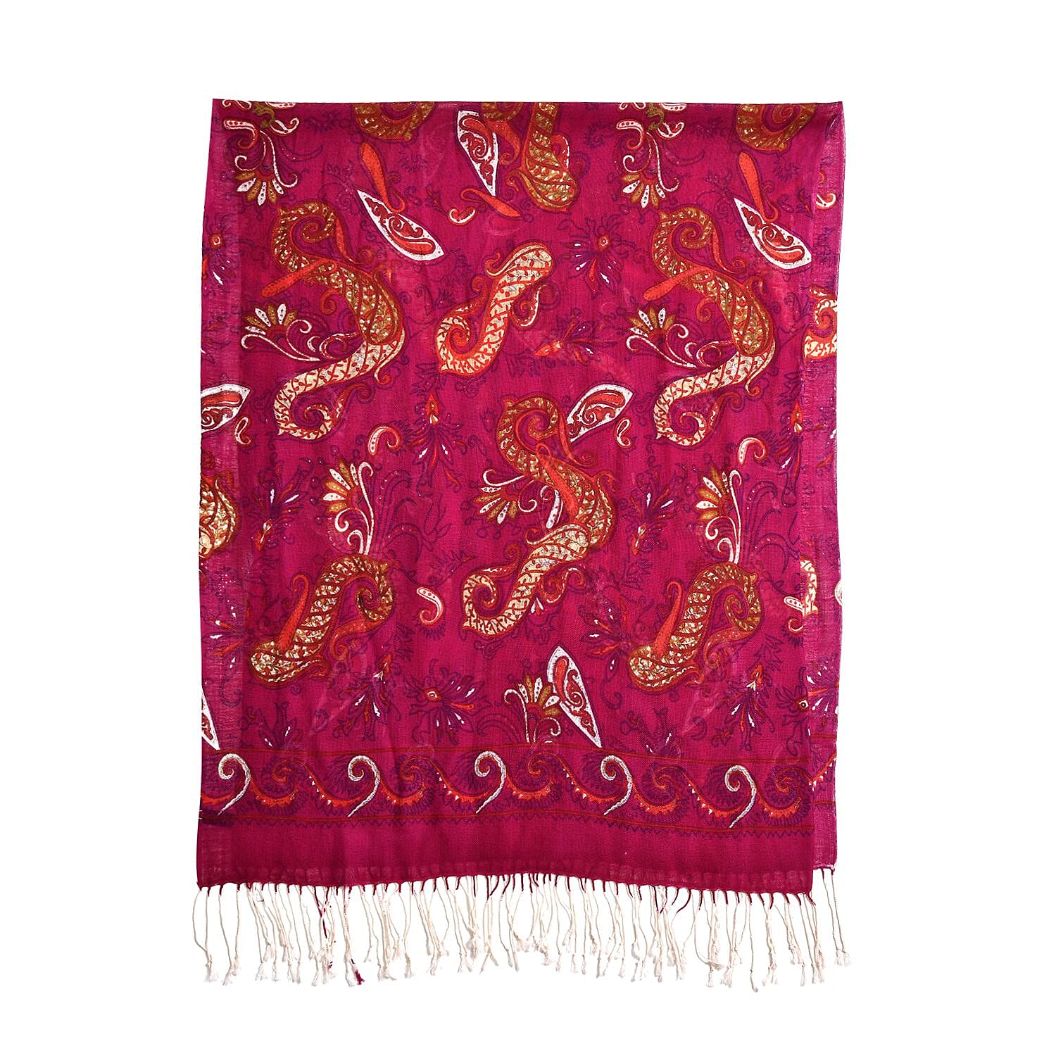 La Marey 100% Merino Wool Paisley Print Scarf (Size 175x65 cm) - Plum Red & Multi