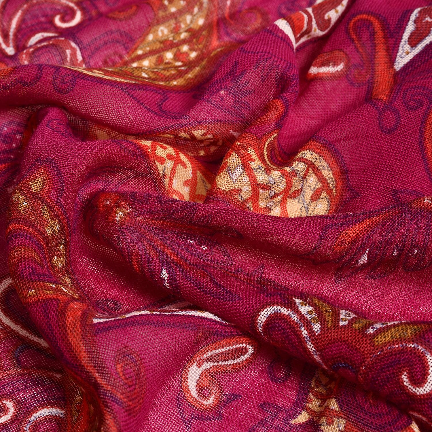La Marey 100% Merino Wool Paisley Print Scarf (Size 175x65 cm) - Plum Red & Multi