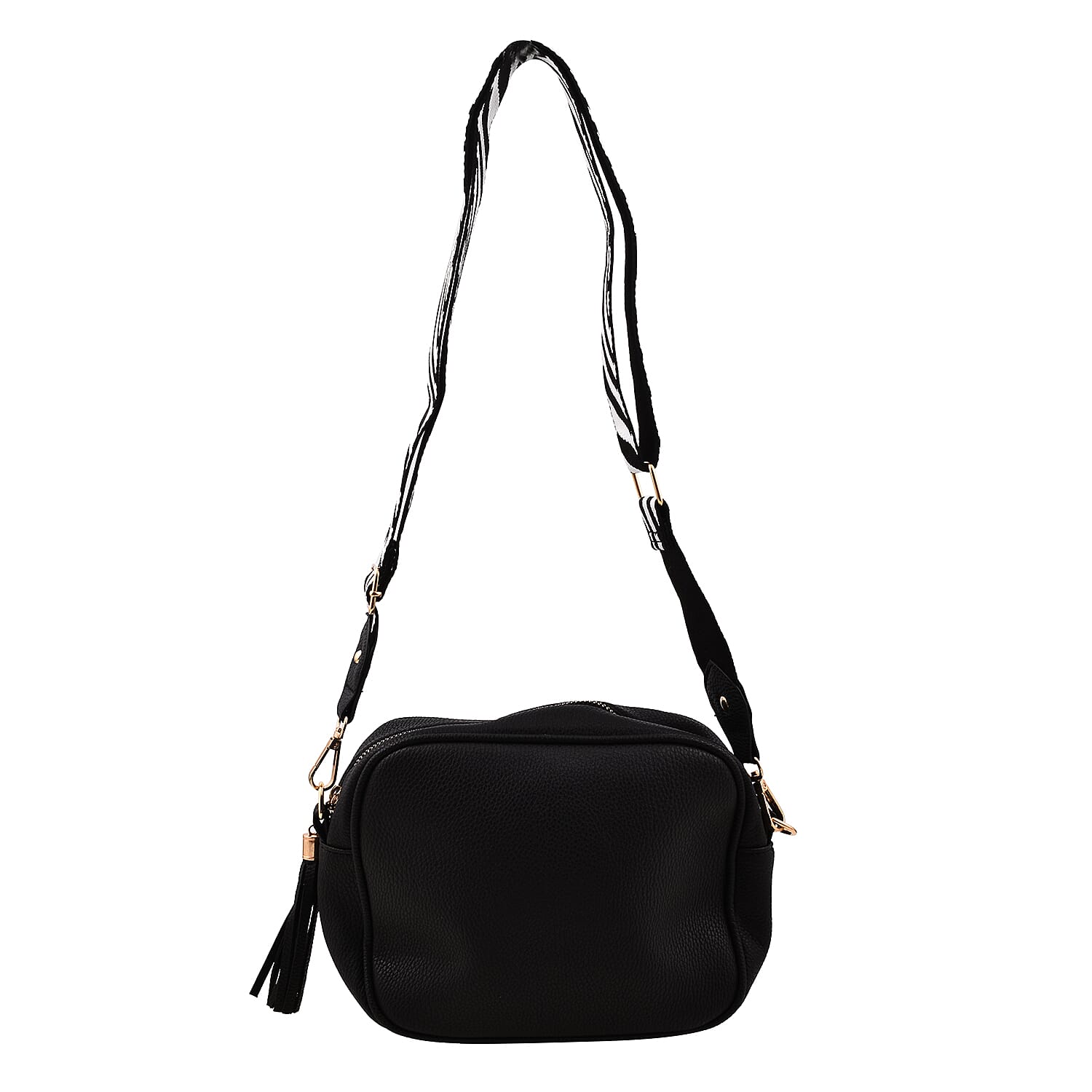 Designer Inspired - Crossbody Handbag with Zebra Pattern Shoulder Strap - Black