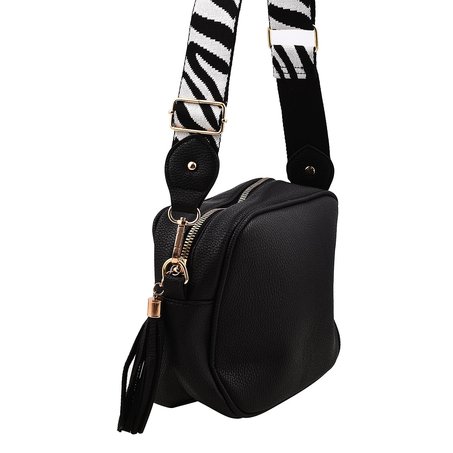 Designer Inspired - Crossbody Handbag with Zebra Pattern Shoulder Strap - Black
