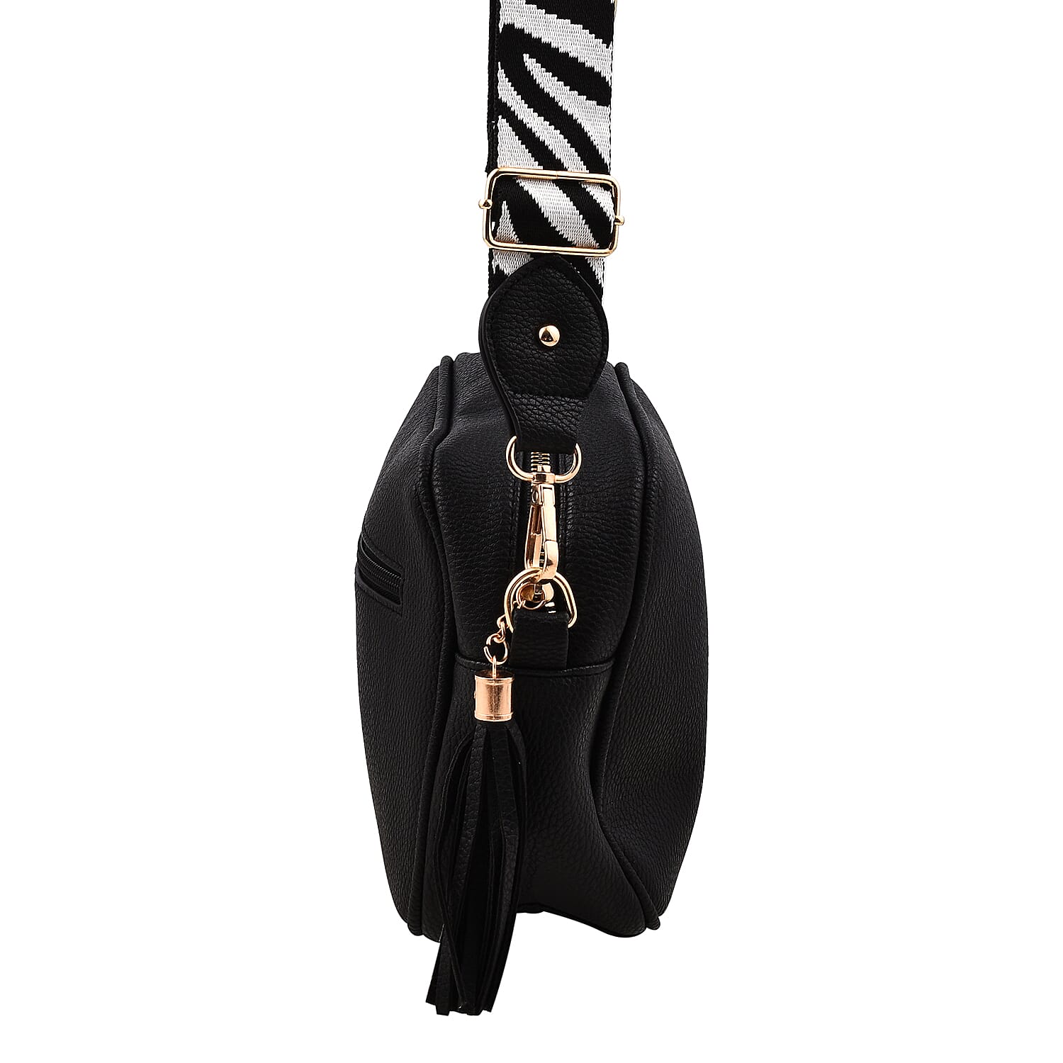 Designer Inspired - Crossbody Handbag with Zebra Pattern Shoulder Strap - Black