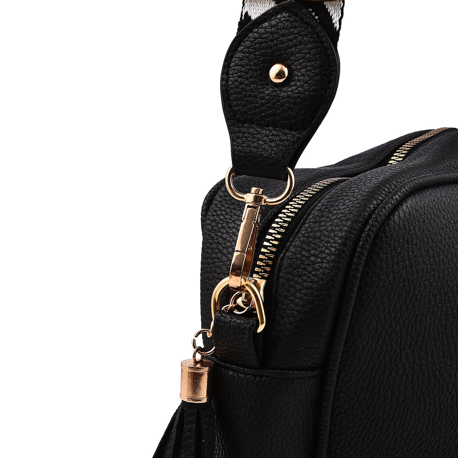 Designer Inspired - Crossbody Handbag with Zebra Pattern Shoulder Strap - Black