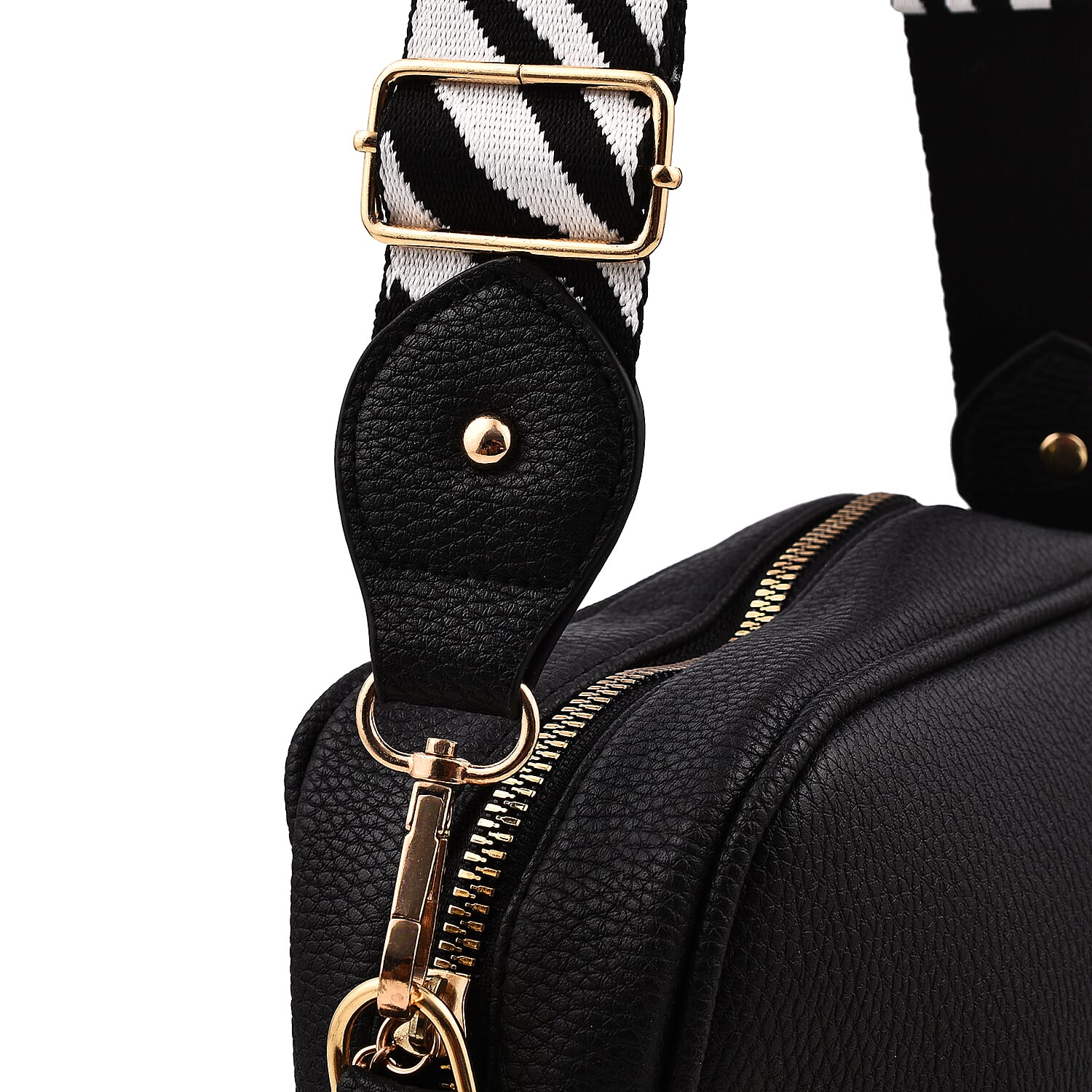 Designer Inspired - Crossbody Handbag with Zebra Pattern Shoulder Strap - Black