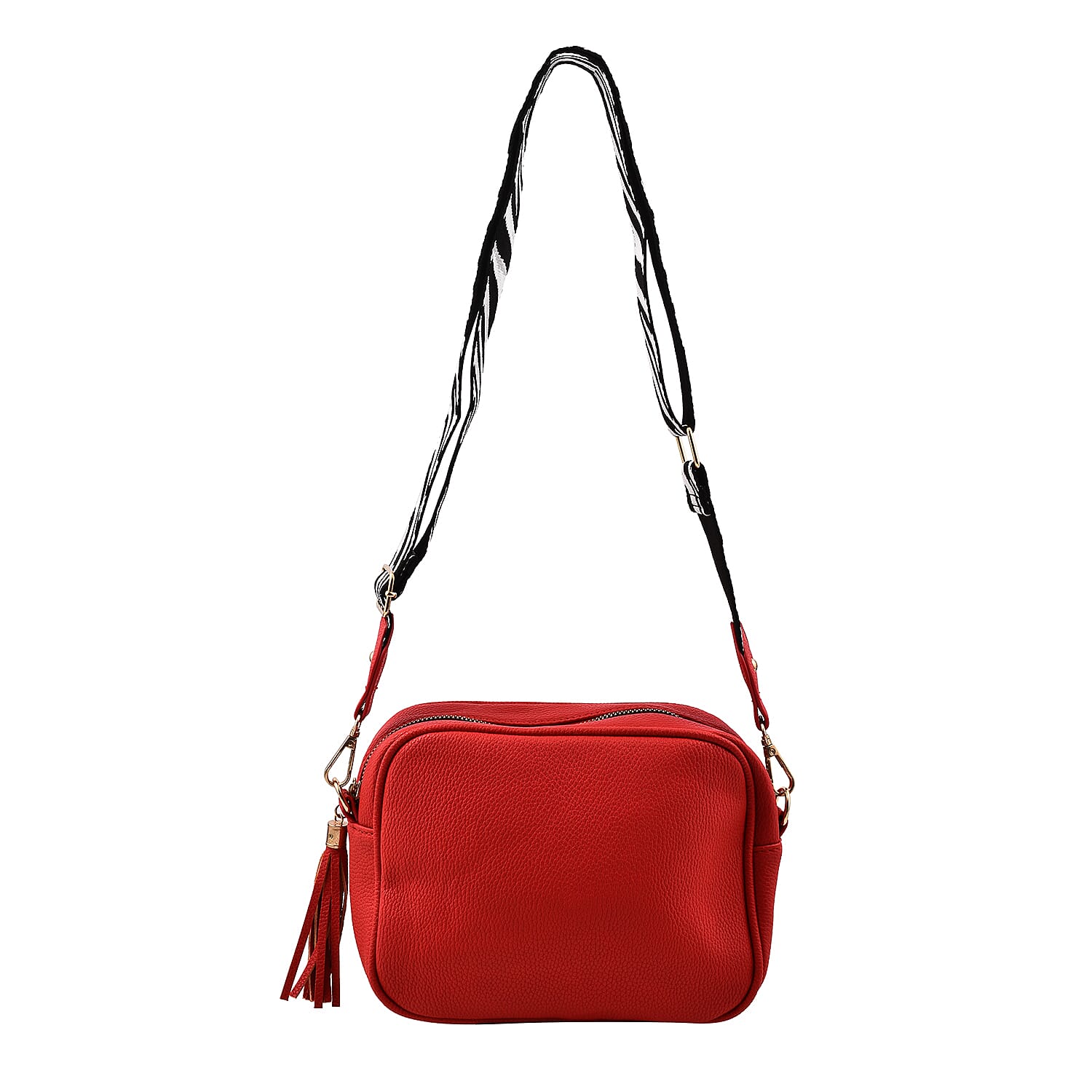 Designer Inspired - Crossbody Handbag with Zebra Pattern Shoulder Strap (Size 22x17x8 cm) - Red