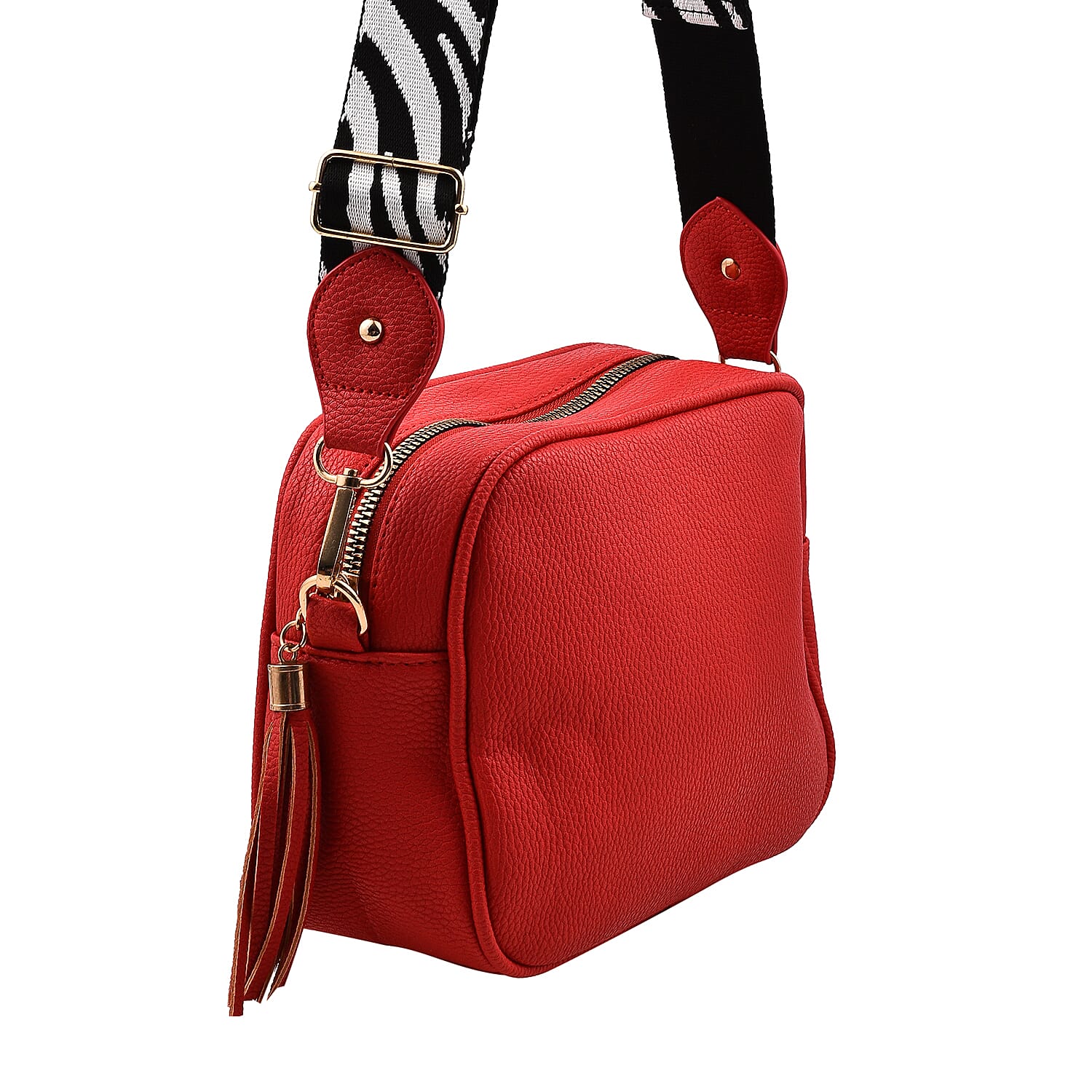 Designer Inspired - Crossbody Handbag with Zebra Pattern Shoulder Strap (Size 22x17x8 cm) - Red