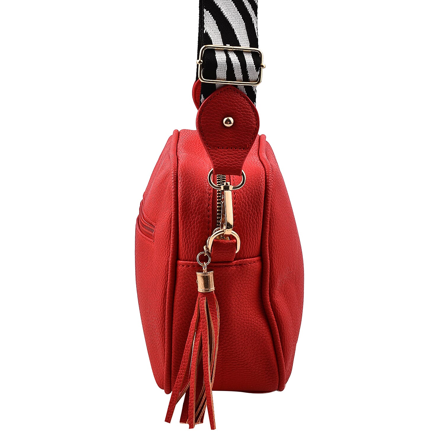 Designer Inspired - Crossbody Handbag with Zebra Pattern Shoulder Strap (Size 22x17x8 cm) - Red