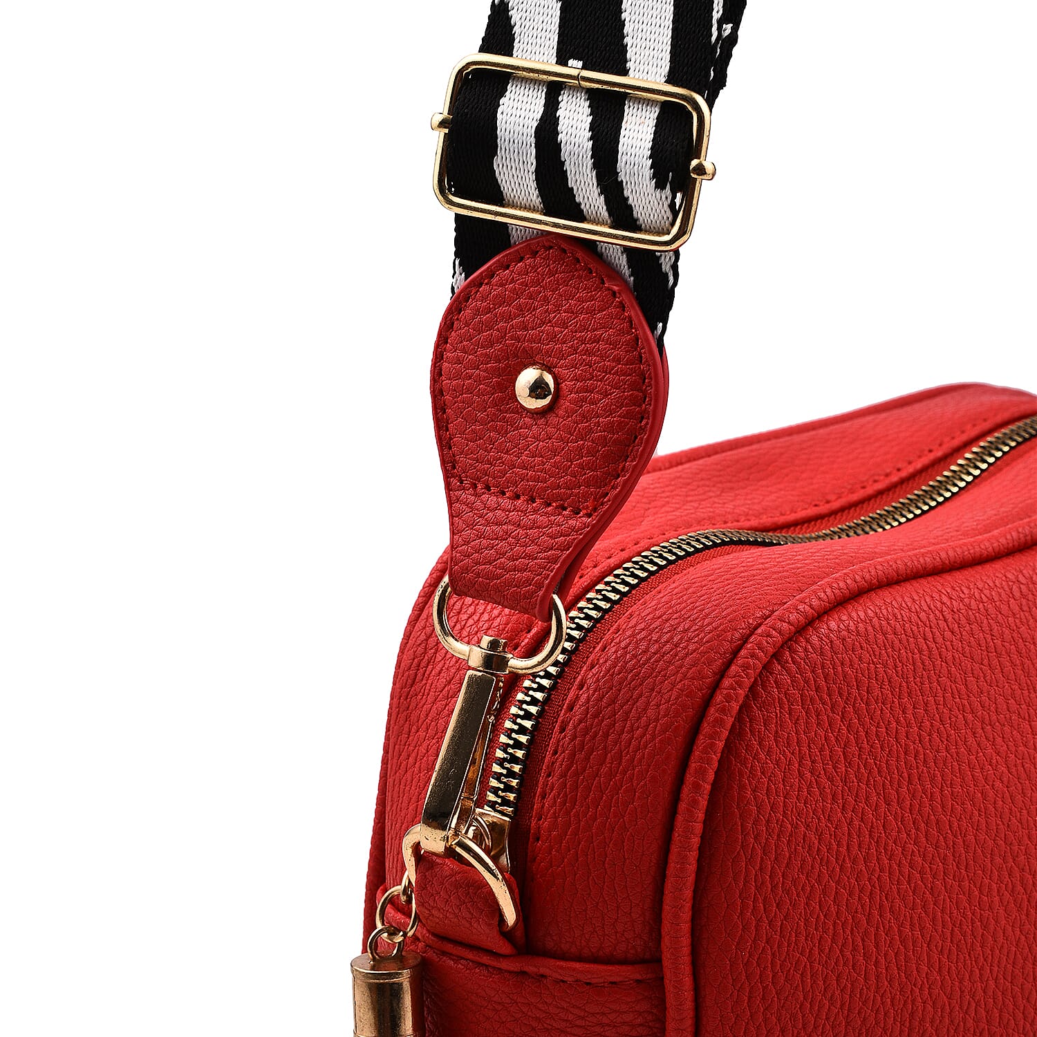 Designer Inspired - Crossbody Handbag with Zebra Pattern Shoulder Strap (Size 22x17x8 cm) - Red