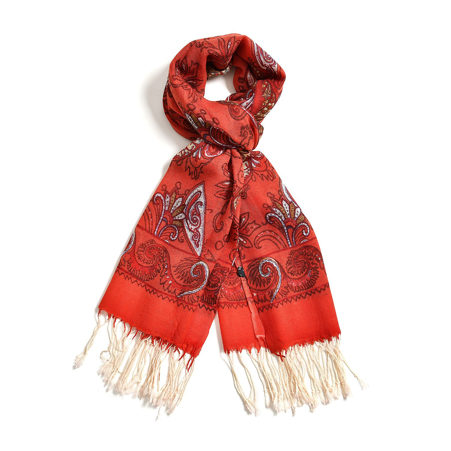 La Marey 100% Merino Wool Floral Pattern Scarf - Red and White