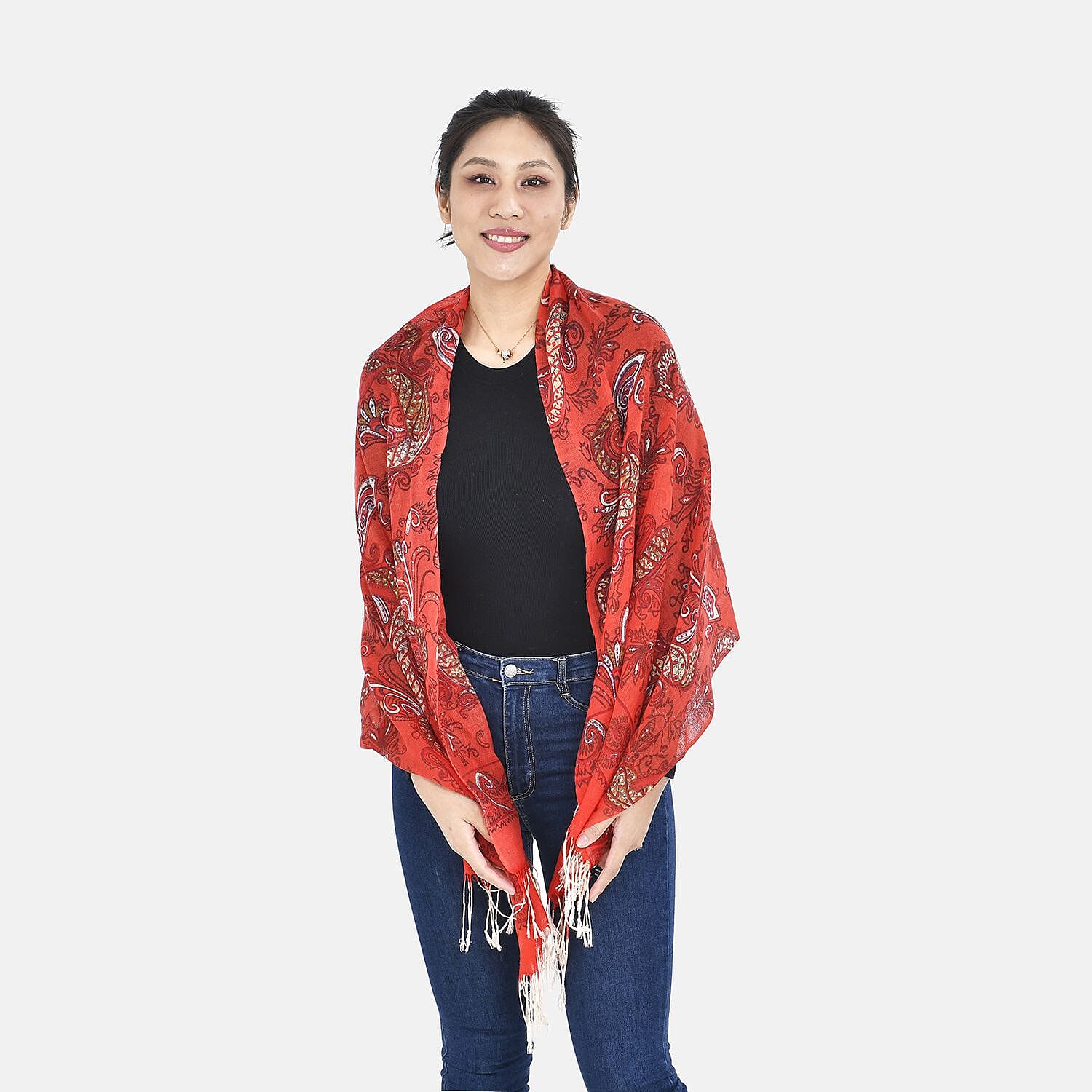 La Marey 100% Merino Wool Floral Pattern Scarf (Size 175x65 cm) - Red - White