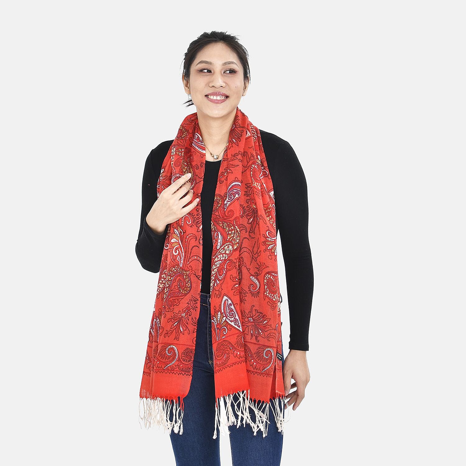 La Marey 100% Merino Wool Floral Pattern Scarf (Size 175x65 cm) - Red - White