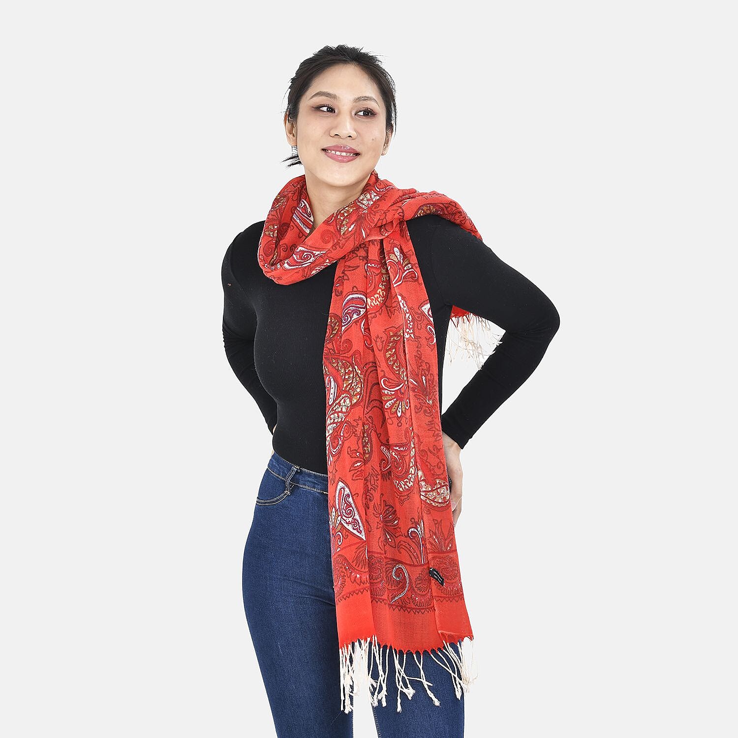 La Marey 100% Merino Wool Floral Pattern Scarf (Size 175x65 cm) - Red - White