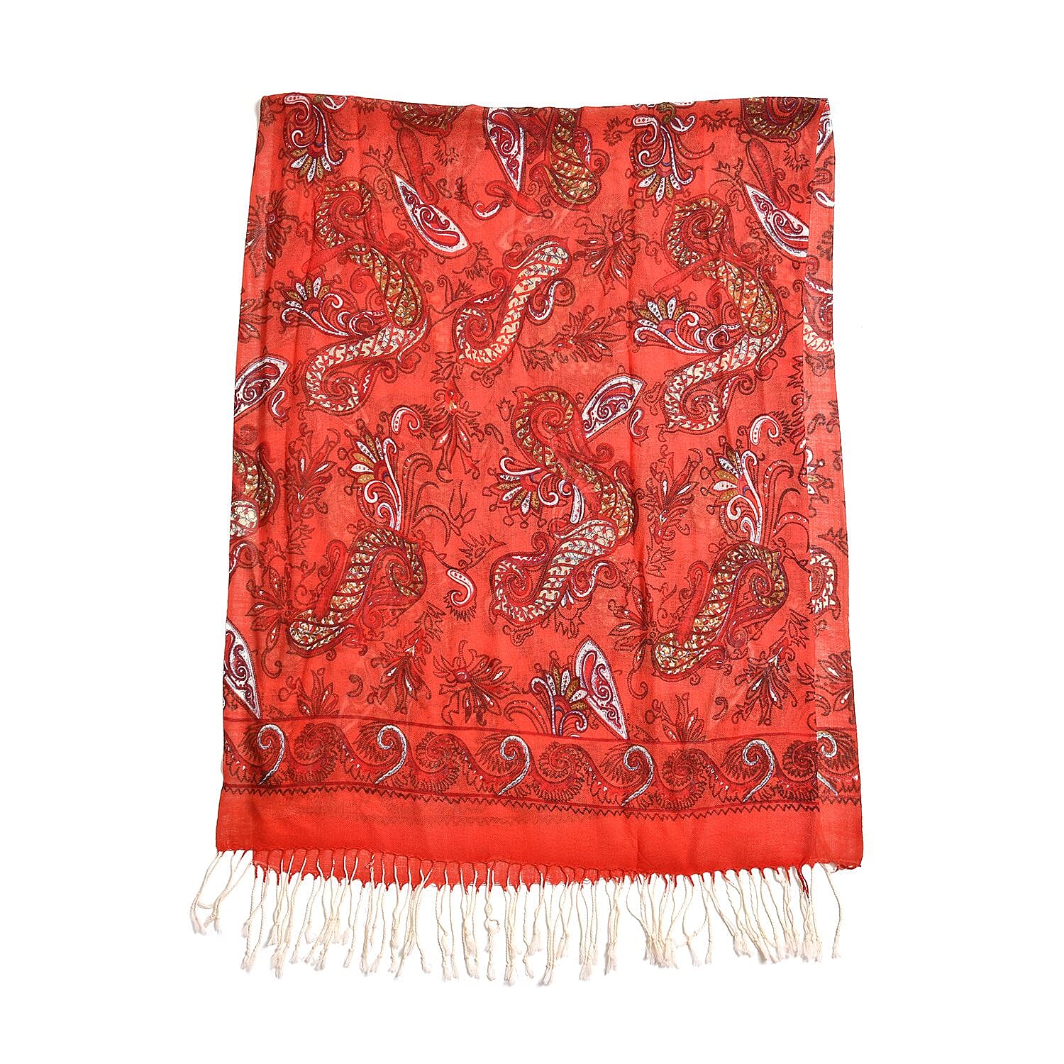 La Marey 100% Merino Wool Floral Pattern Scarf (Size 175x65 cm) - Red - White
