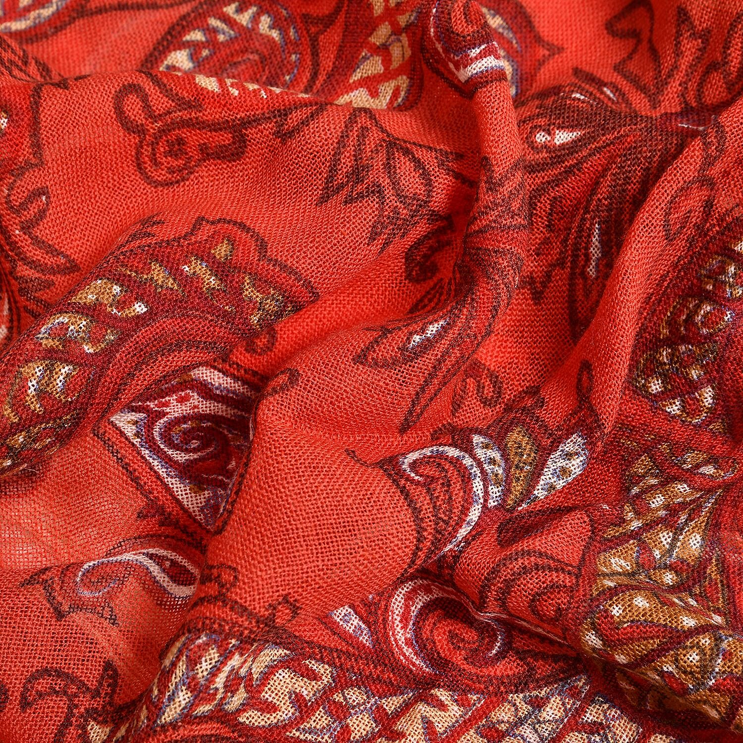 La Marey 100% Merino Wool Floral Pattern Scarf (Size 175x65 cm) - Red - White