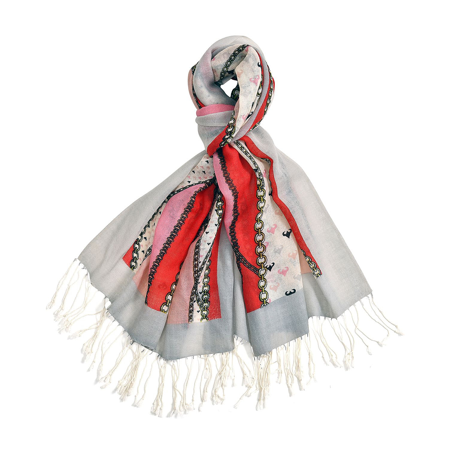 La Marey 100% Merino Wool Ribbon Scarf (Size 65x9 cm) - Red & Pink