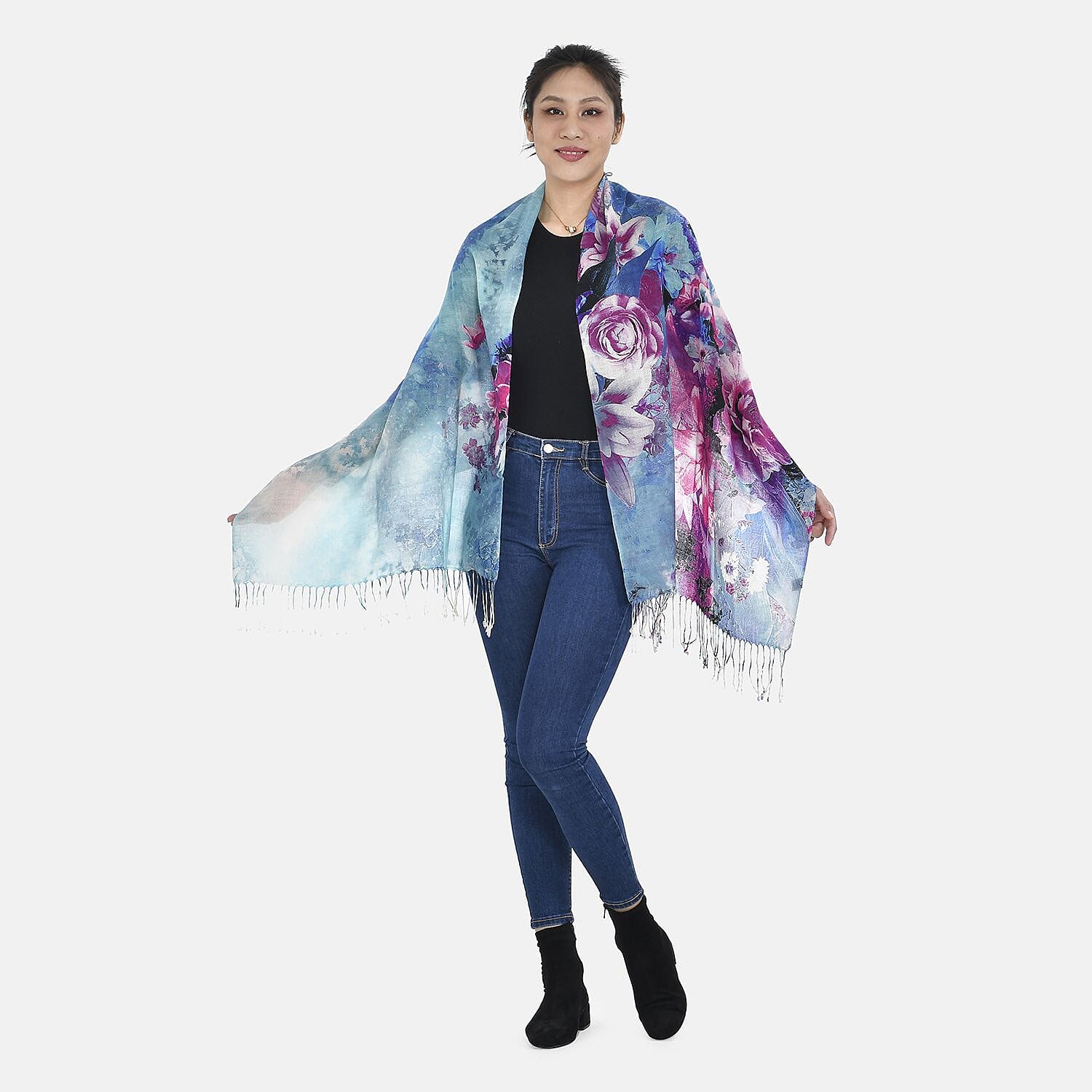 La Marey Merino Wool Floral Scarf (Size 65x9 cm) - Plum - Plum