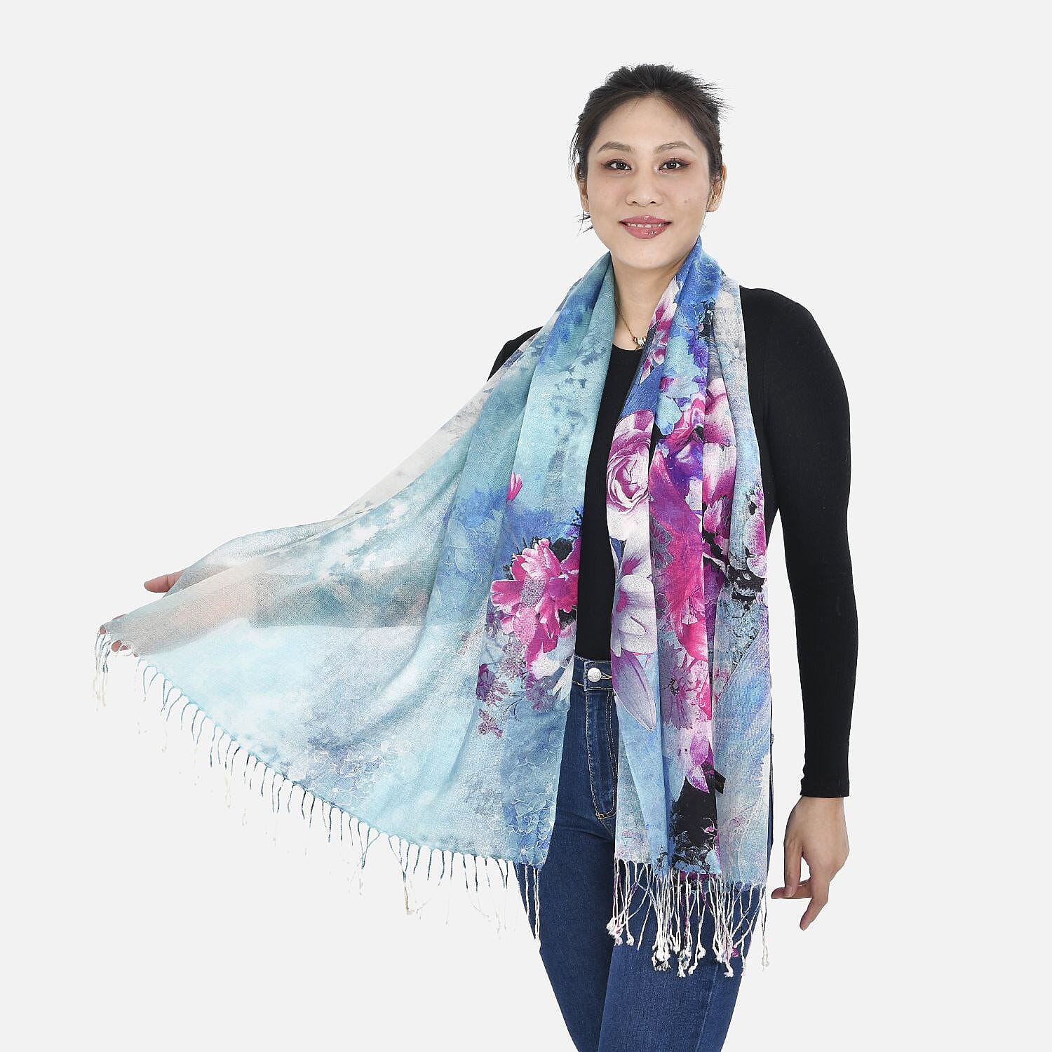La Marey Merino Wool Floral Scarf (Size 65x9 cm) - Plum - Plum