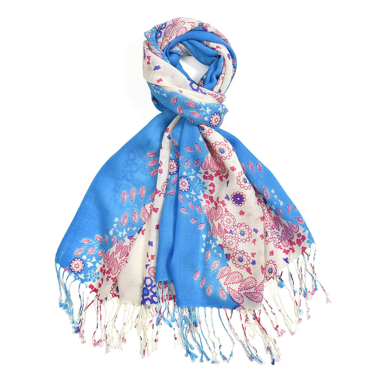 La Marey 100% Merino Wool Floral Scarf (Size 65x9 cm) - Pink & Blue