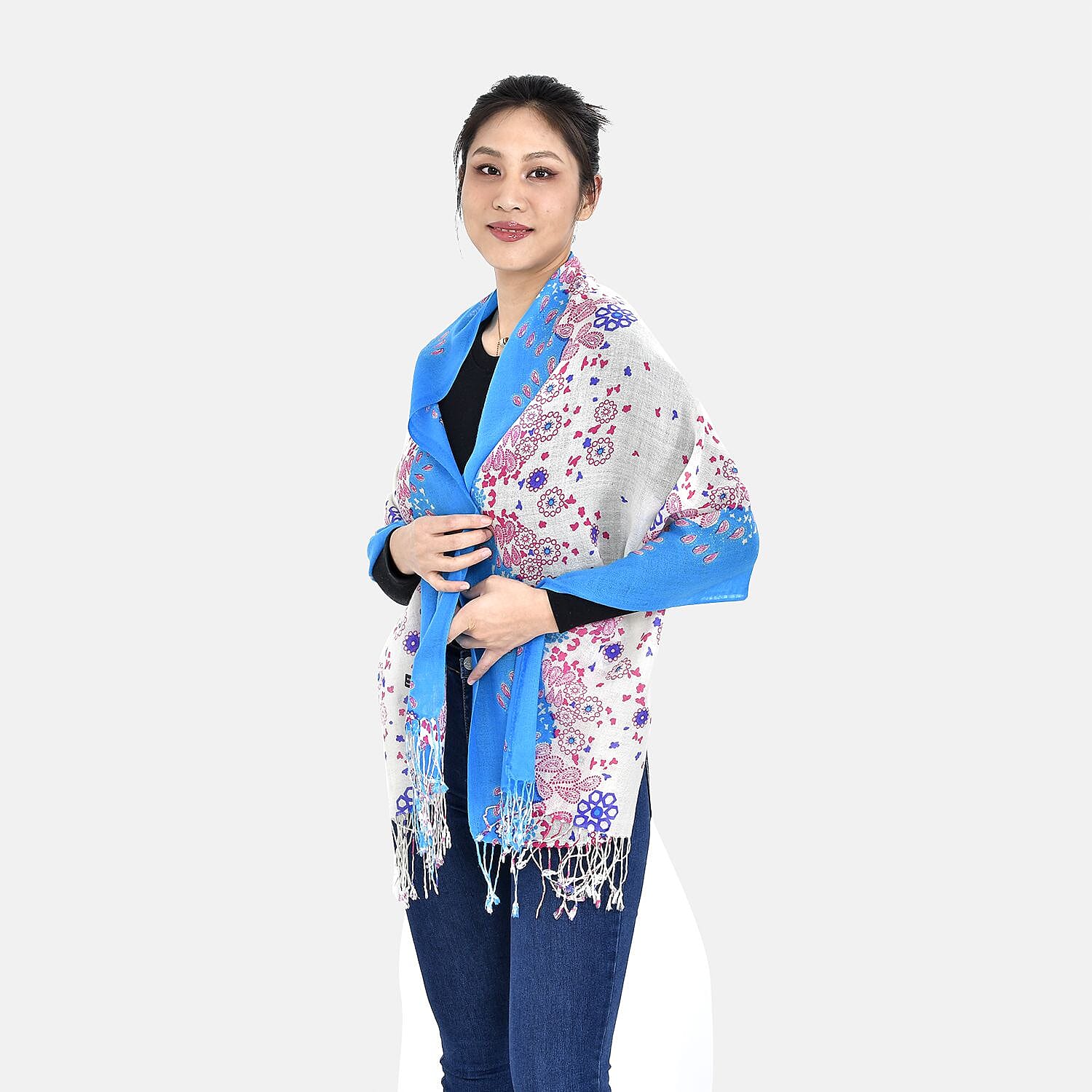 La Marey 100% Merino Wool Floral Scarf (Size 65x9 cm) - Pink & Blue