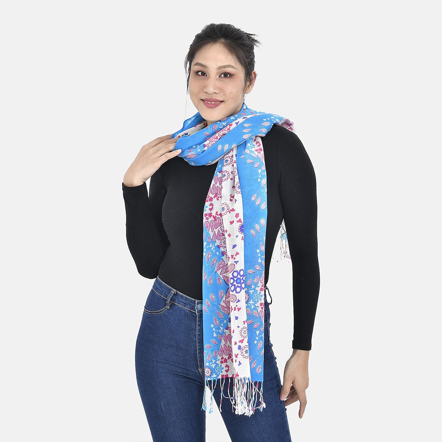 La Marey 100% Merino Wool Floral Scarf (Size 65x9 cm) - Pink & Blue