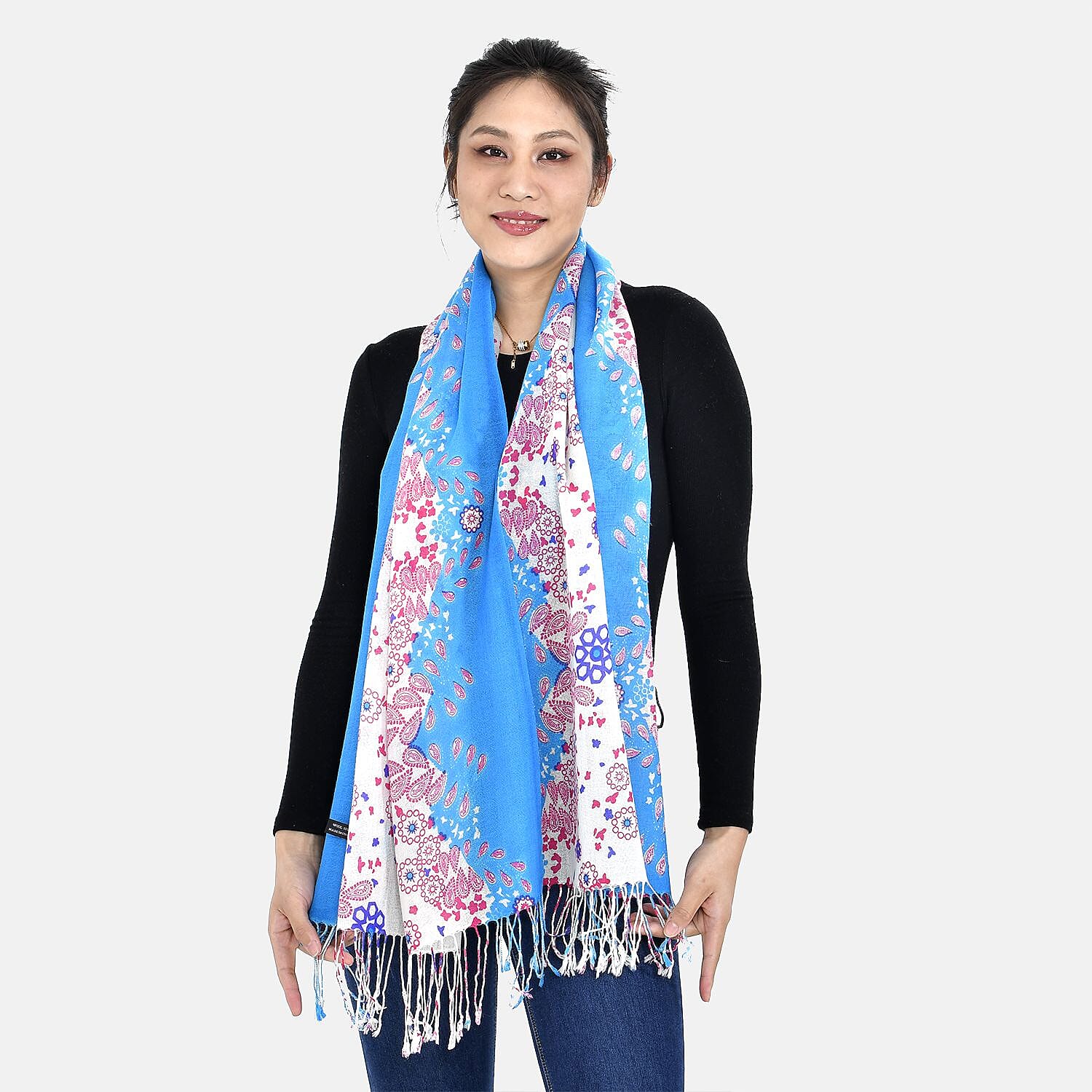 La Marey 100% Merino Wool Floral Scarf (Size 65x9 cm) - Pink & Blue