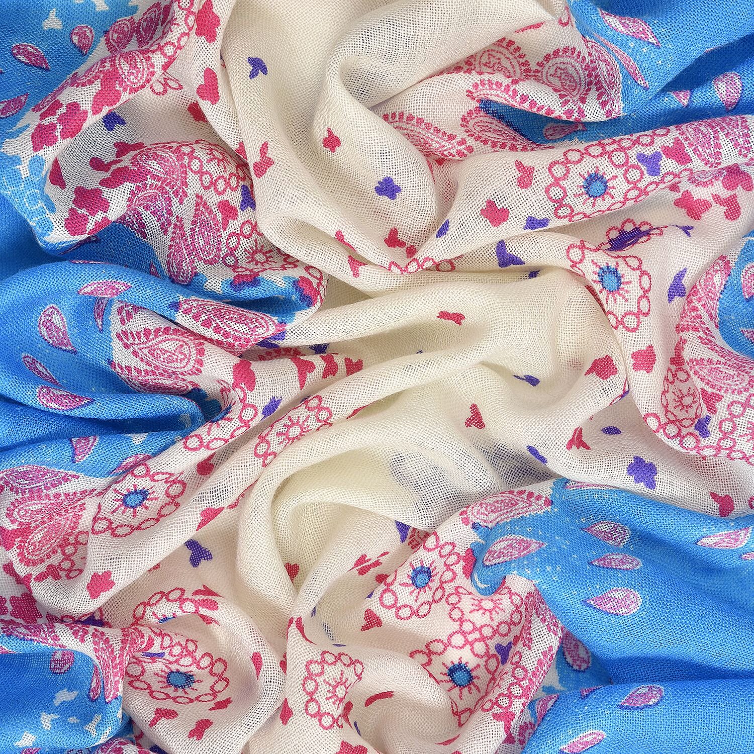 La Marey 100% Merino Wool Floral Scarf (Size 65x9 cm) - Pink & Blue