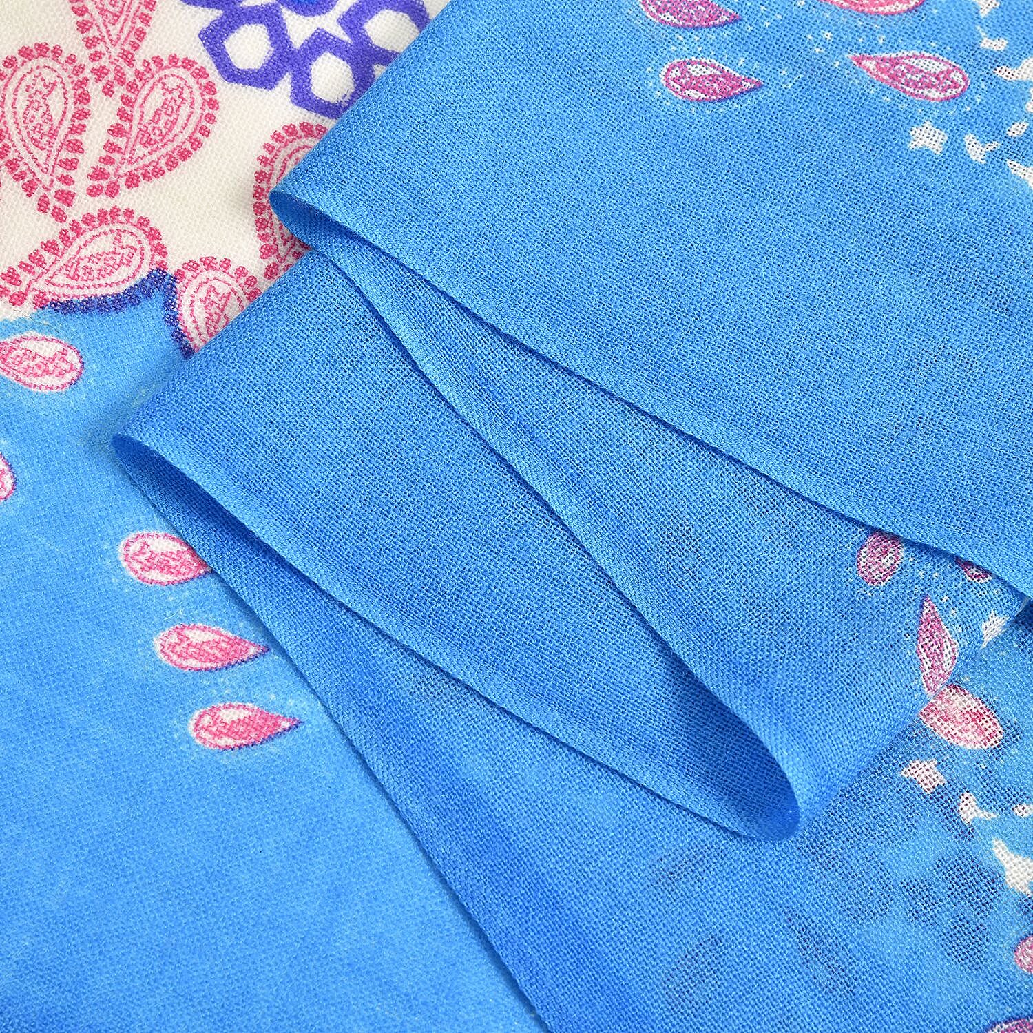 La Marey 100% Merino Wool Floral Scarf (Size 65x9 cm) - Pink & Blue