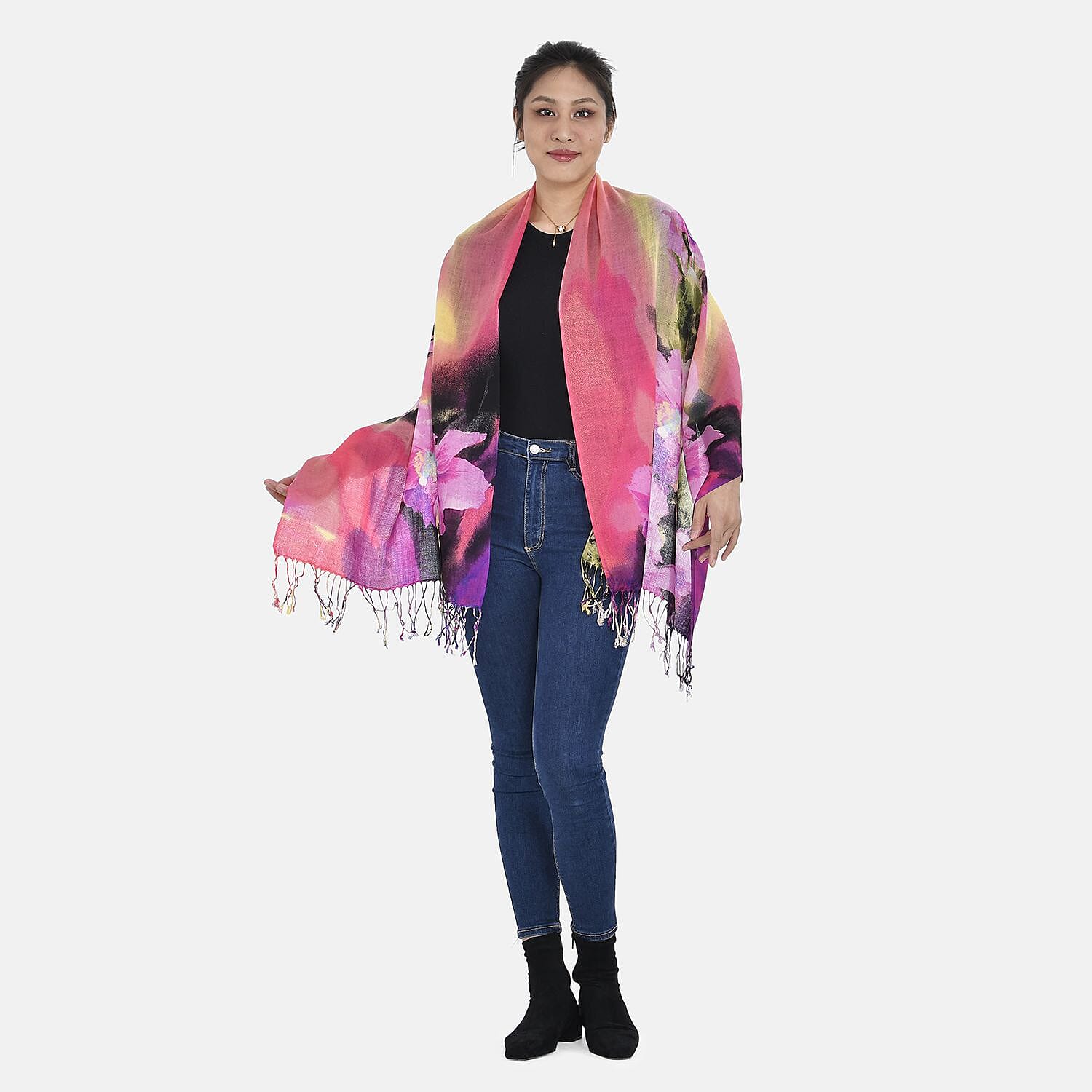 La Marey Merino Wool Flower Scarf (Size 65x175 cm) - Pink & Pink