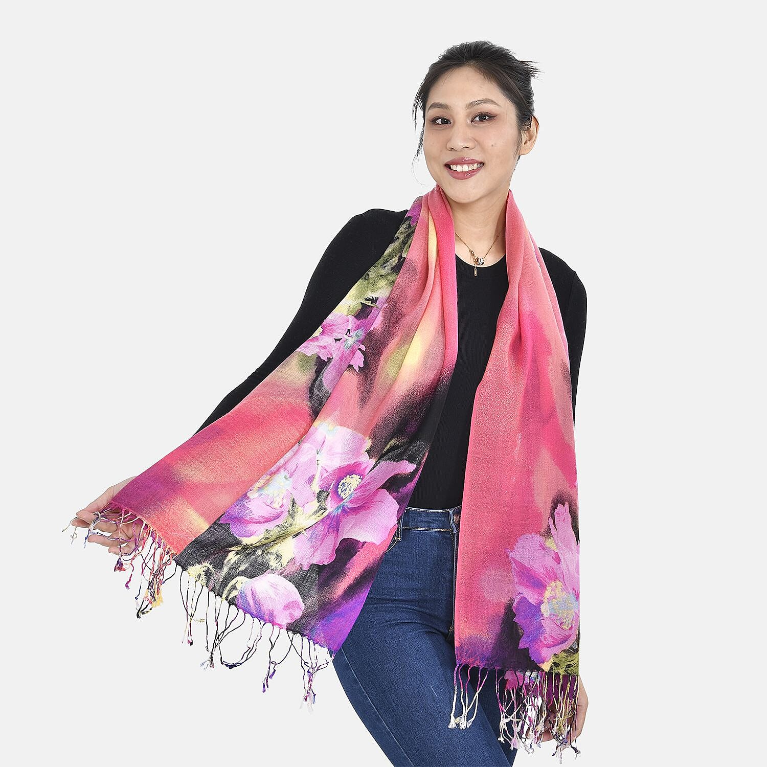 La Marey Merino Wool Flower Scarf (Size 65x175 cm) - Pink & Pink
