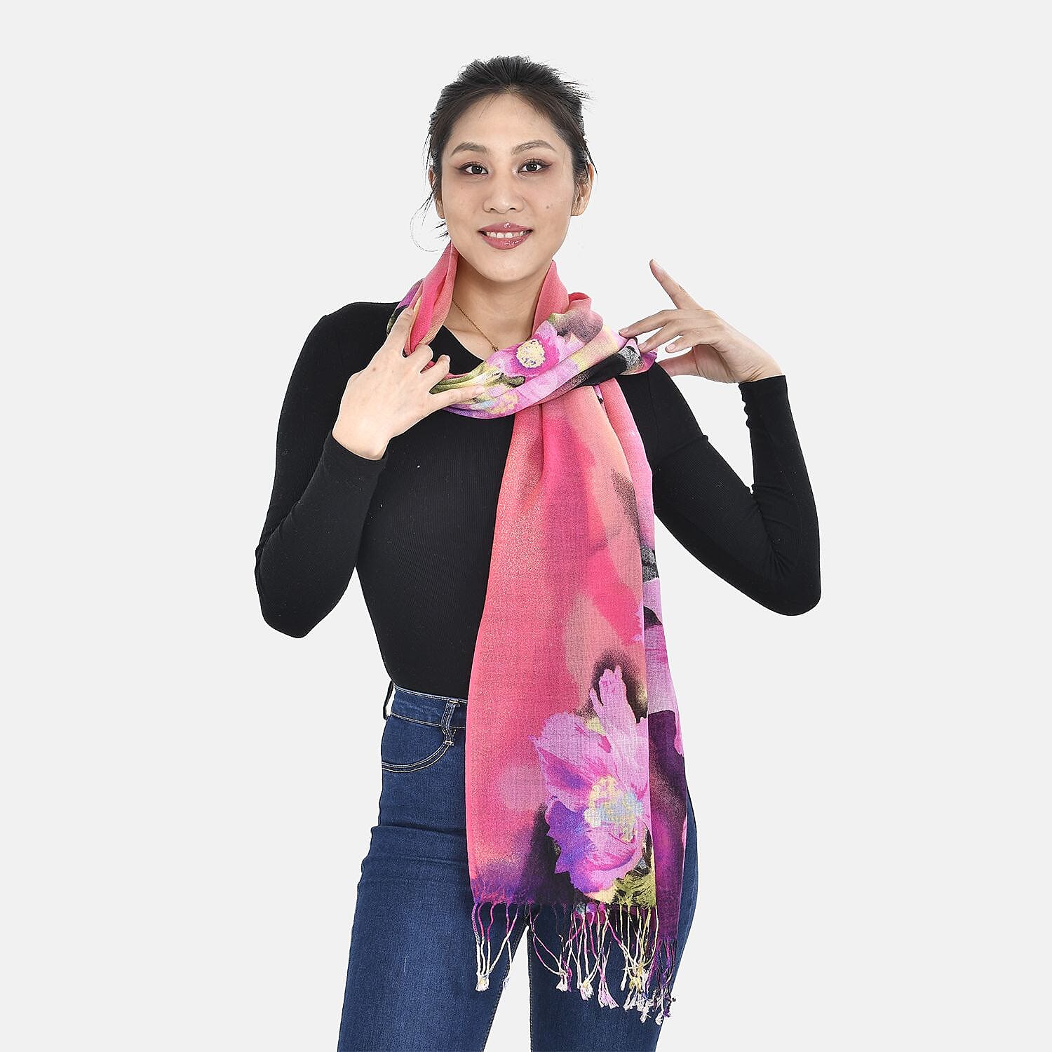 La Marey Merino Wool Flower Scarf (Size 65x175 cm) - Pink & Pink