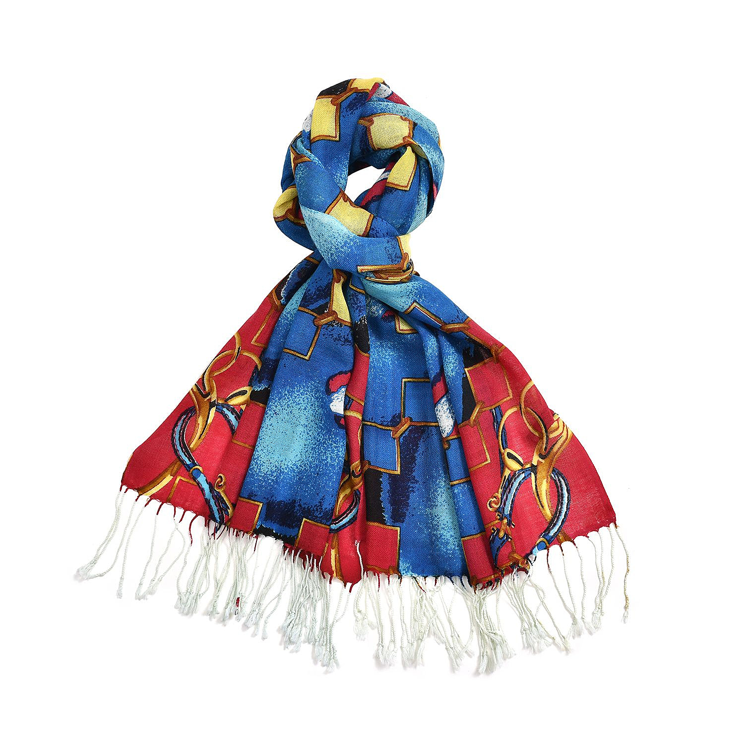 La Marey Merino Wool Patterned Scarf (Size 65x9 cm) - Blue & Red