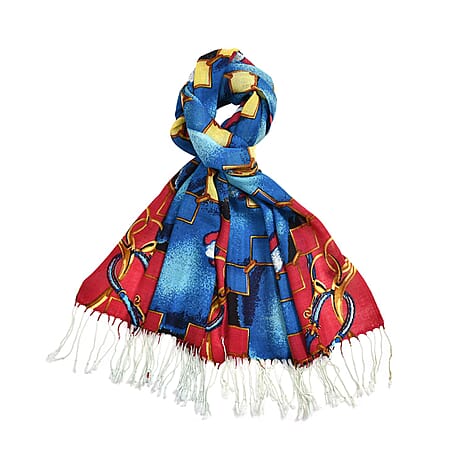 La Marey Merino Wool Patterned Scarf (Size 65x175 cm) - Blue & Red