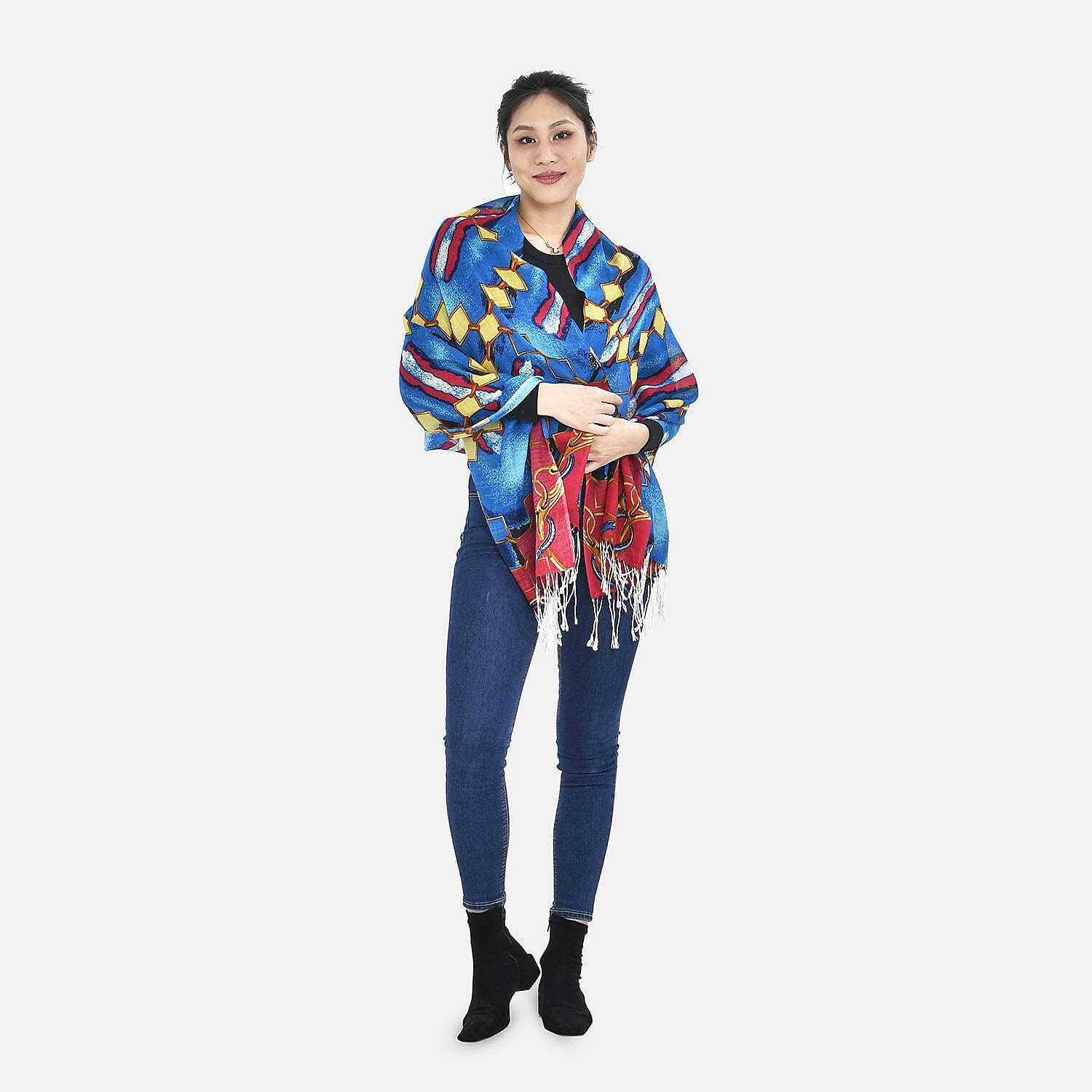 La Marey Merino Wool Patterned Scarf (Size 65x175 cm) - Blue & Red