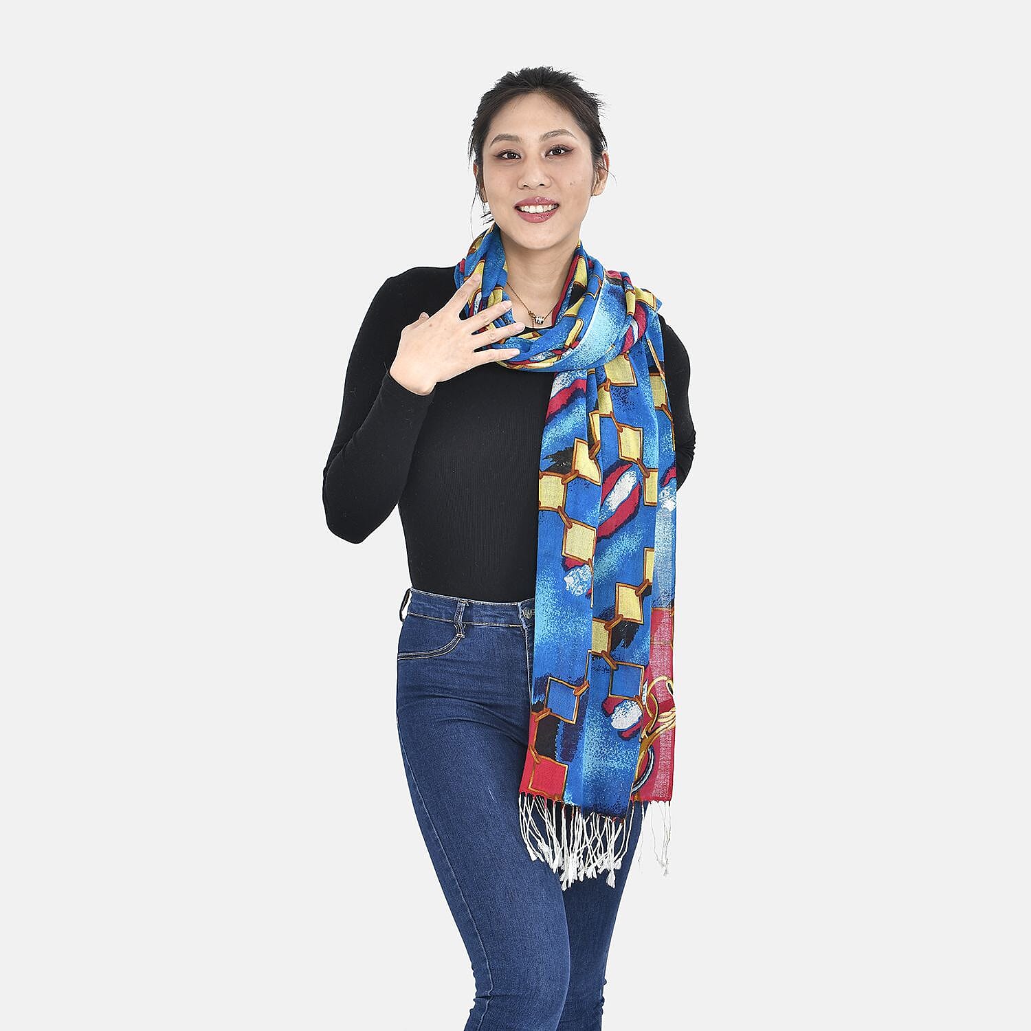 La Marey Merino Wool Patterned Scarf (Size 65x175 cm) - Blue & Red