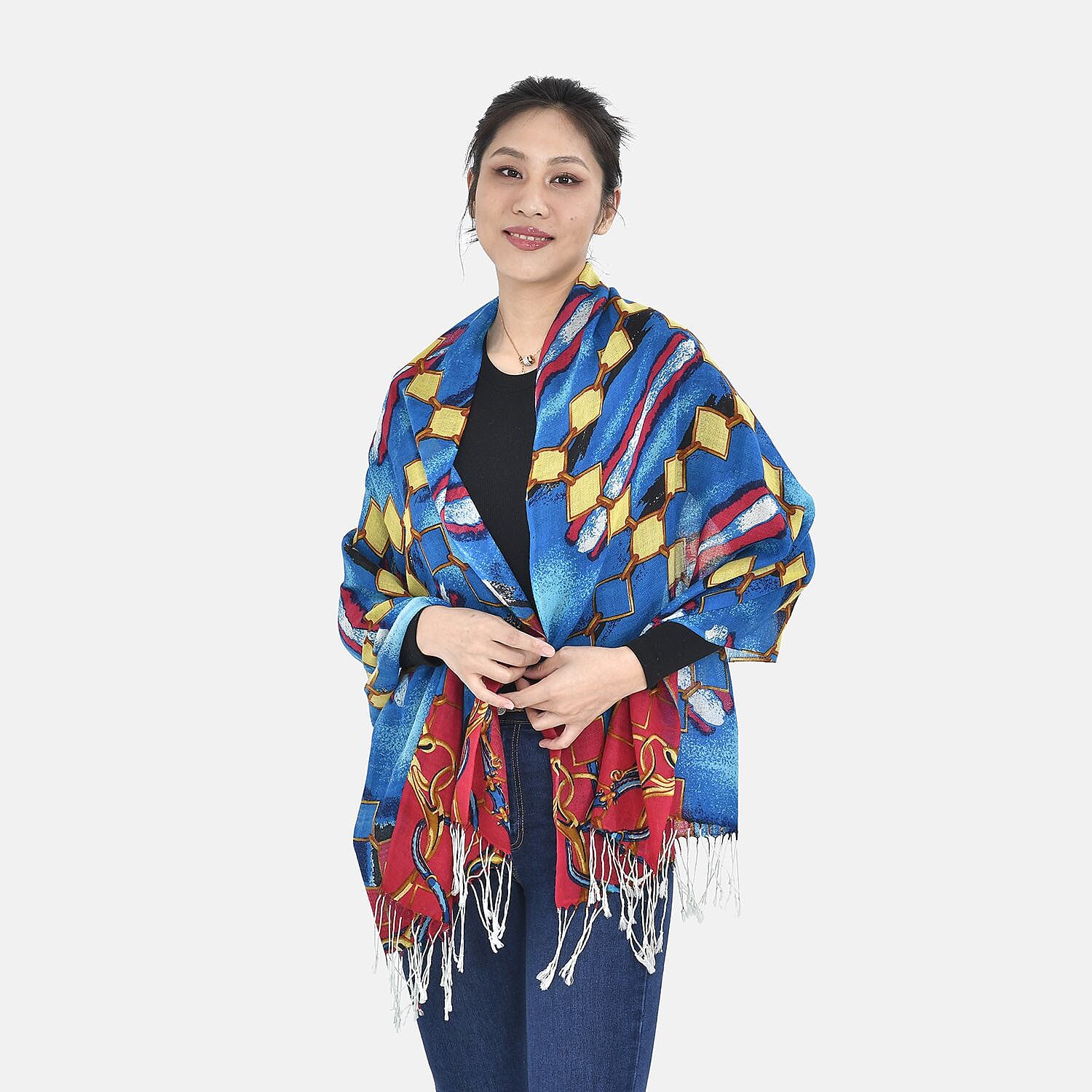 La Marey Merino Wool Patterned Scarf (Size 65x175 cm) - Blue & Red