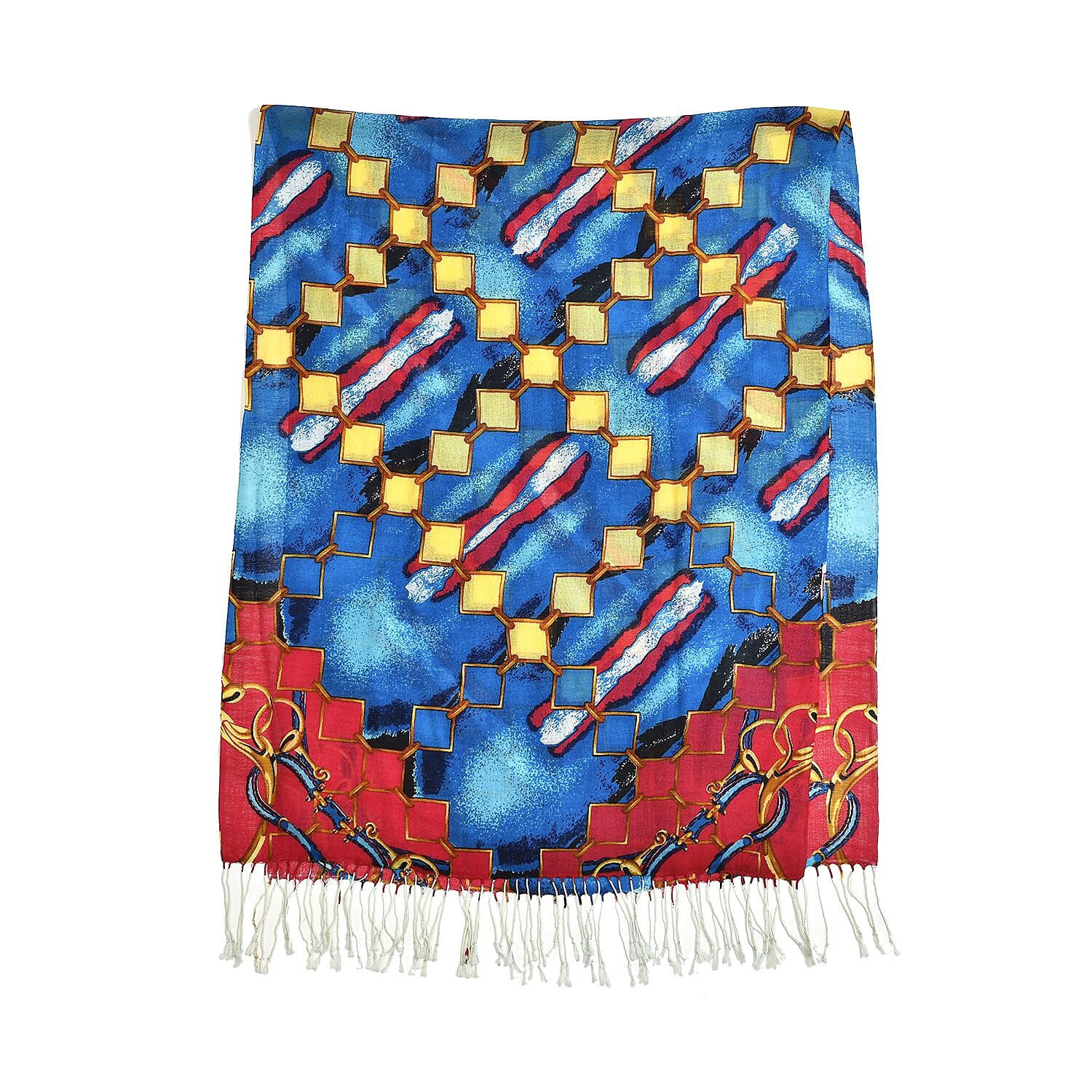 La Marey Merino Wool Patterned Scarf (Size 65x175 cm) - Blue & Red