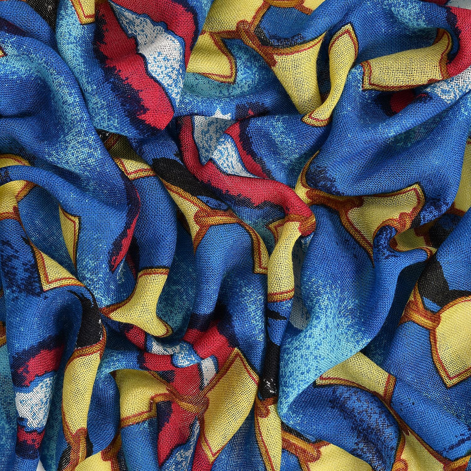 La Marey Merino Wool Patterned Scarf (Size 65x175 cm) - Blue & Red