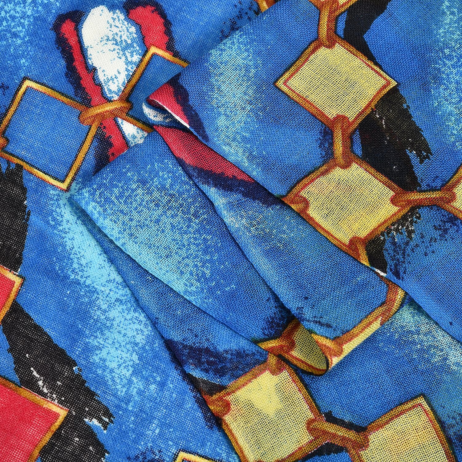 La Marey Merino Wool Patterned Scarf (Size 65x175 cm) - Blue & Red